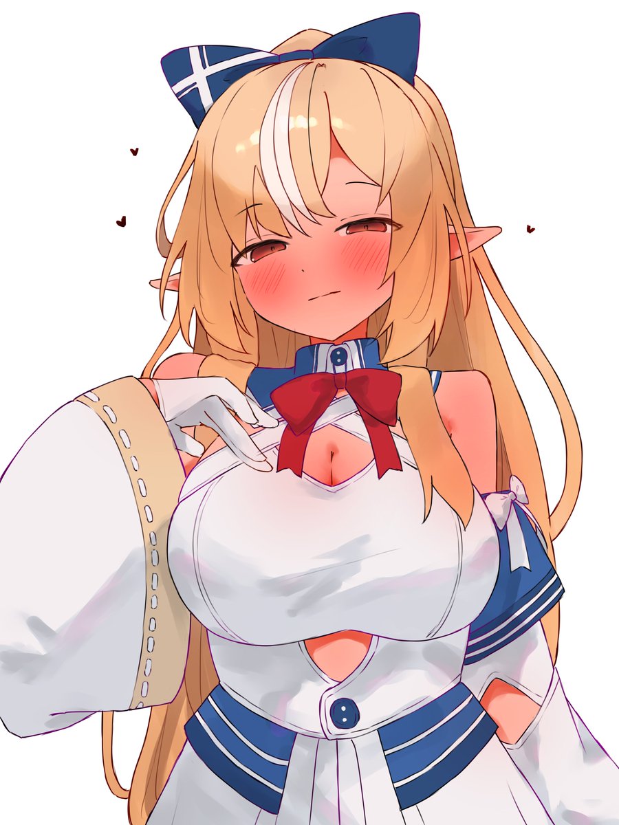 tepenchi, shiranui flare, shiranui flare (1st costume), hololive, commentary, highres, symbol-only commentary, 1girl, blonde hair, blue bow, bow, breasts, cleavage, closed mouth, dark-skinned female, dark elf, dark skin, detached sleeves, dress, elf, hair bow, halterneck, heart, large breasts, long hair, looking at viewer, multicolored hair, pointy ears, red eyes, solo, streaked hair, very long hair, virtual youtuber, white background, white dress, white sleeves, white streaks