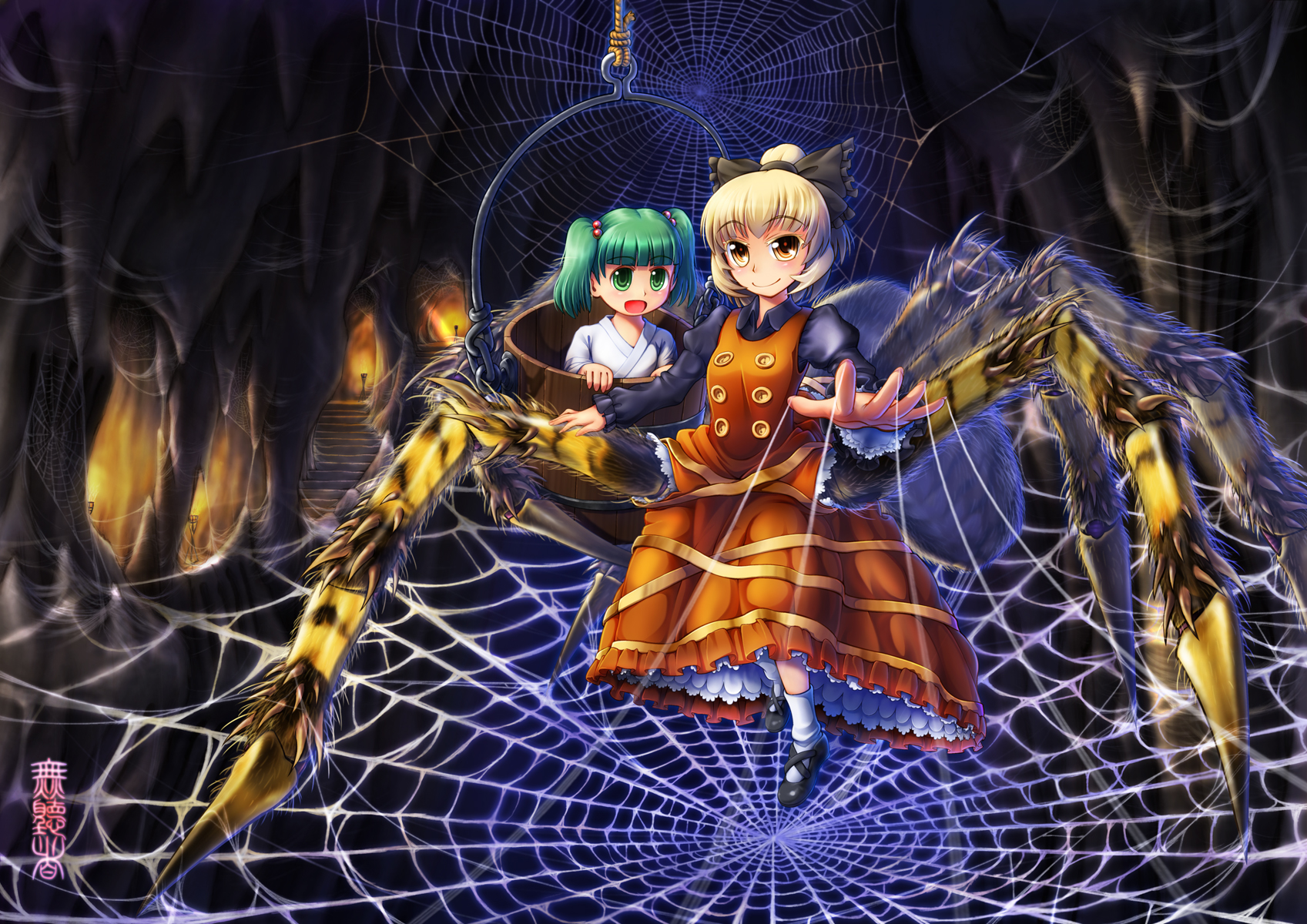 muchousha, kisume, kurodani yamame, kurodani yamame (spider), touhou, highres, 2girls, arthropod girl, blonde hair, bow, bucket, bug, female focus, green eyes, green hair, hair bow, in bucket, in container, insect girl, monster girl, multiple girls, short hair, silk, spider, spider girl, spider web, twintails