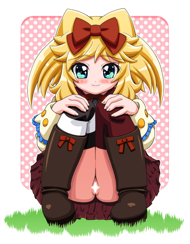 gambler club, kohsaka jun, hatori kanon, anyamal tantei kirumin zoo, blonde hair, blue eyes, boots, censored, cleft of venus, no panties, pussy, solo, squatting, thighhighs, upskirt