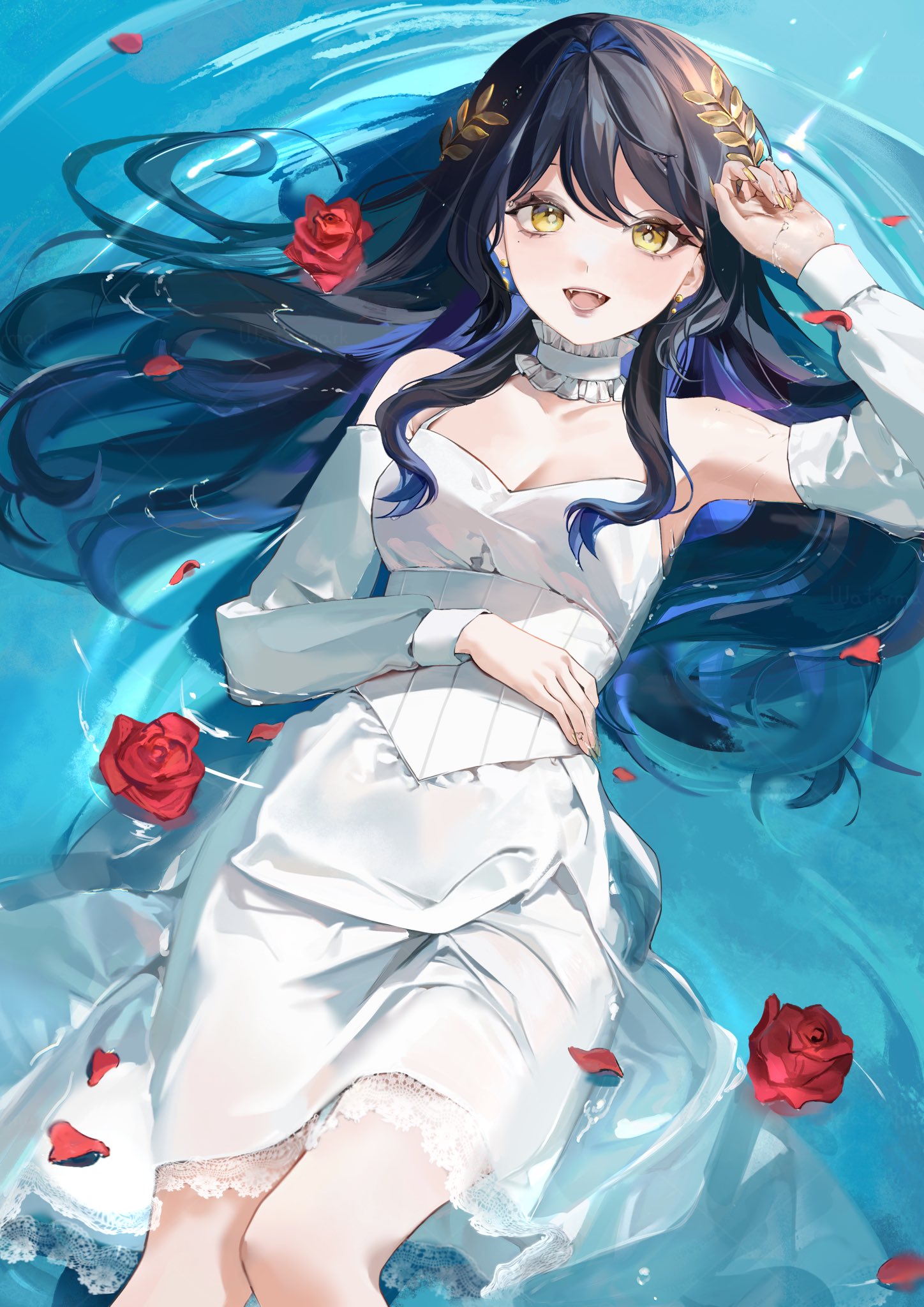 nxmly, indie virtual youtuber, commentary request, highres, second-party source, 1girl, afloat, bare shoulders, black hair, dress, floating hair, flower, hair between eyes, hair ornament, hand on own head, long hair, looking at viewer, lying, on back, open mouth, petals, red flower, red rose, rose, rose petals, smile, water, wet, white dress, white sleeves, yellow eyes, yellow nails