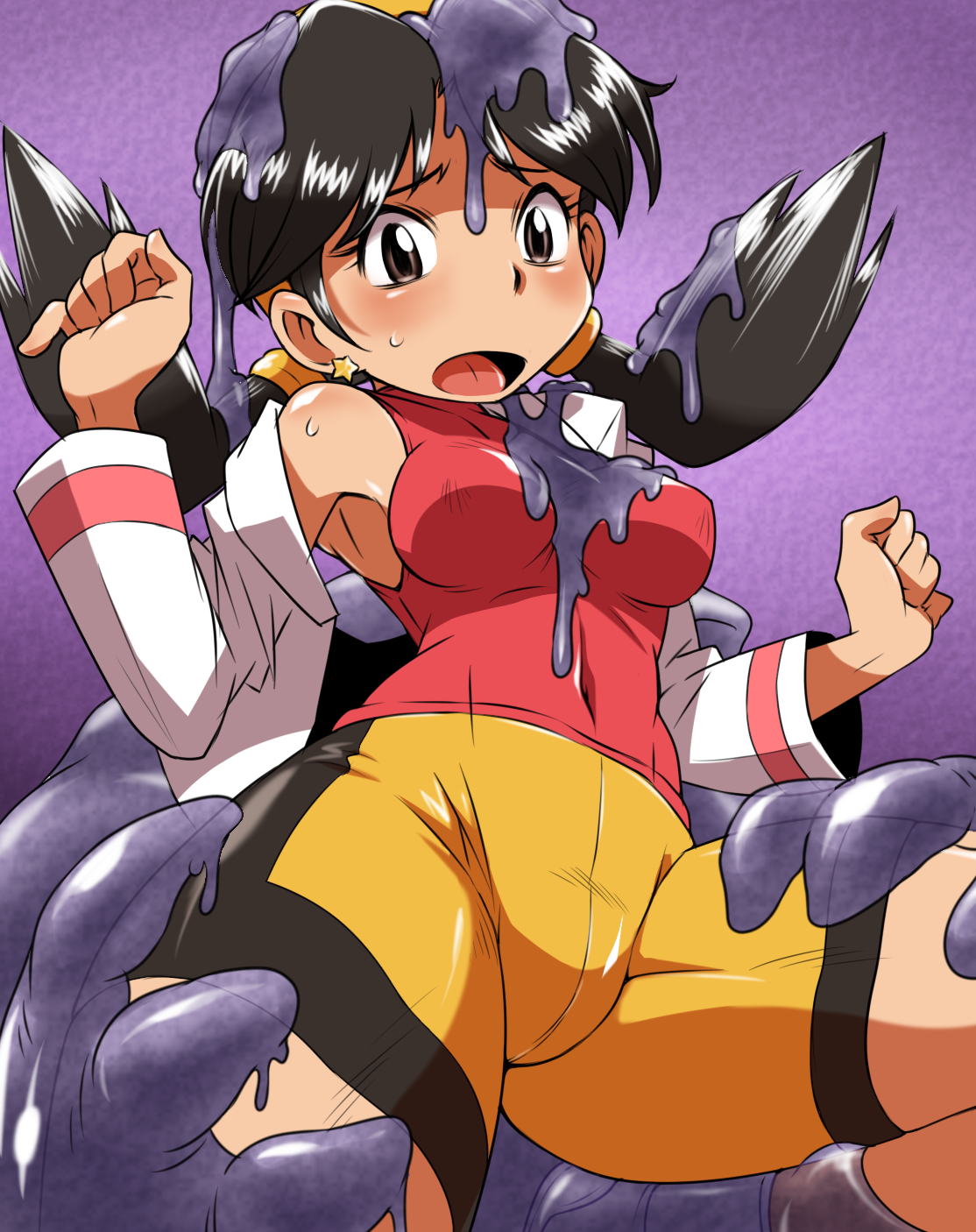 hun (uyonis), kris (pokemon), muk, nintendo, pokemon, pokemon adventures, bad id, bad pixiv id, highres, 1girl, bike shorts, black hair, blush, breasts, earrings, female focus, gen 1 pokemon, hat, imminent rape, jewelry, open mouth, pokemon (creature), pokephilia, shorts, slime (substance), small breasts, sweat, sweatdrop, thick thighs, thighs, tight clothes, twintails, you gonna get raped