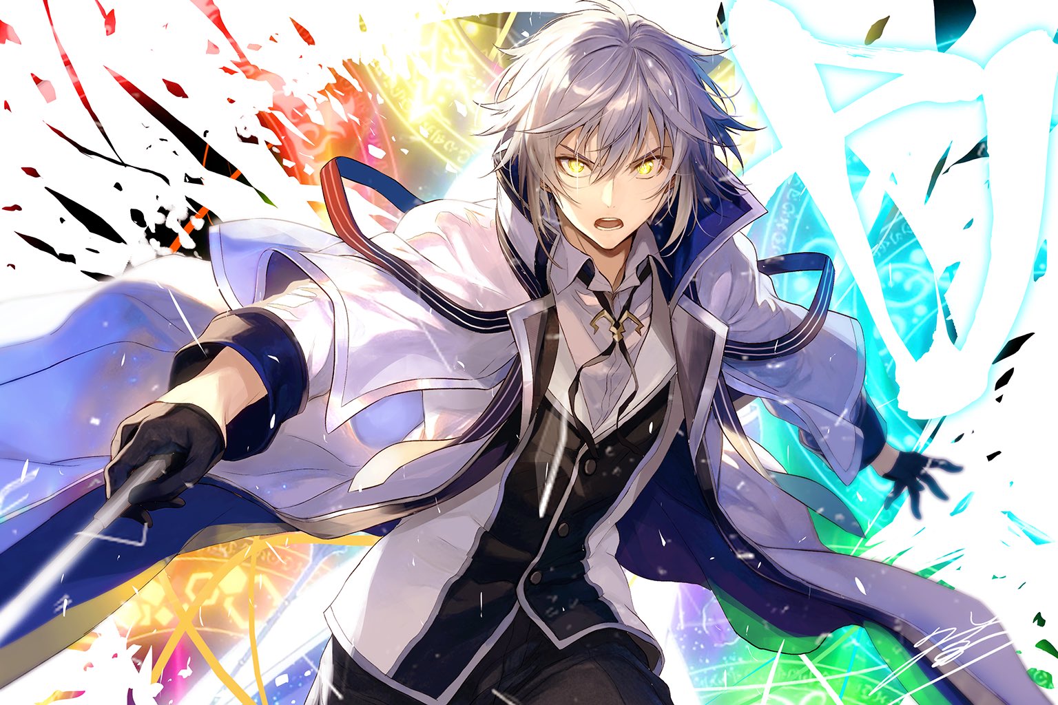 yuunagi (seventh heaven), mikata ga yowasugite hojo mahou ni tesshiteita kyuutei mahoushi tsuihou sarete saikyou wo mezashimasu, commentary request, 1boy, alec ygret, black gloves, black hair, black vest, coat, gloves, holding, holding wand, male focus, open mouth, solo, vest, wand, white coat, yellow eyes