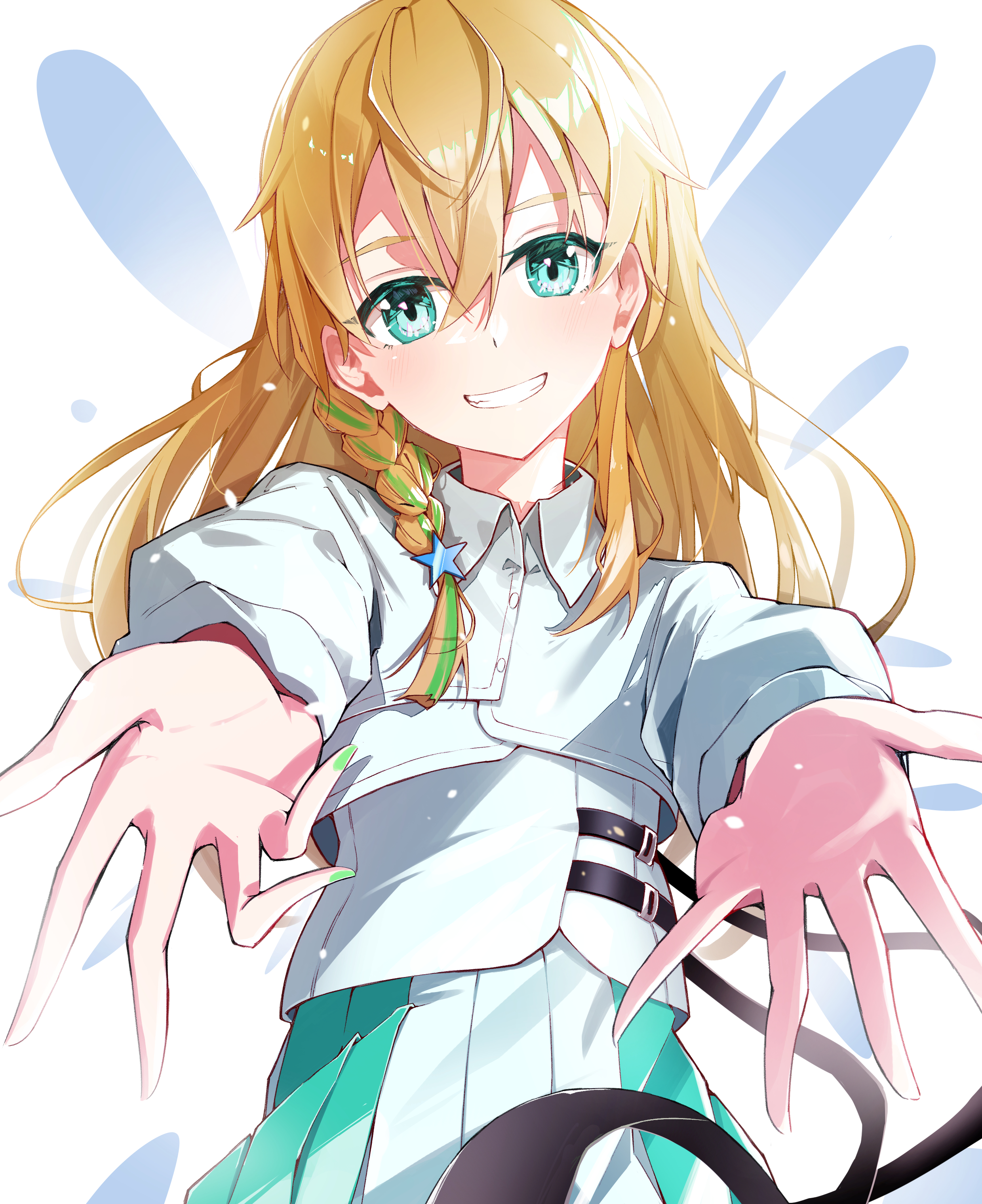 comadori09, totsuka nanami, shine post, absurdres, commentary request, highres, 1girl, aqua eyes, aqua skirt, blonde hair, braid, clenched teeth, green hair, hair between eyes, hair ornament, jacket, long hair, looking at viewer, multicolored hair, outstretched arms, reaching, reaching towards viewer, shirt, side braid, single braid, skirt, solo, star (symbol), star hair ornament, teeth, white jacket, white shirt