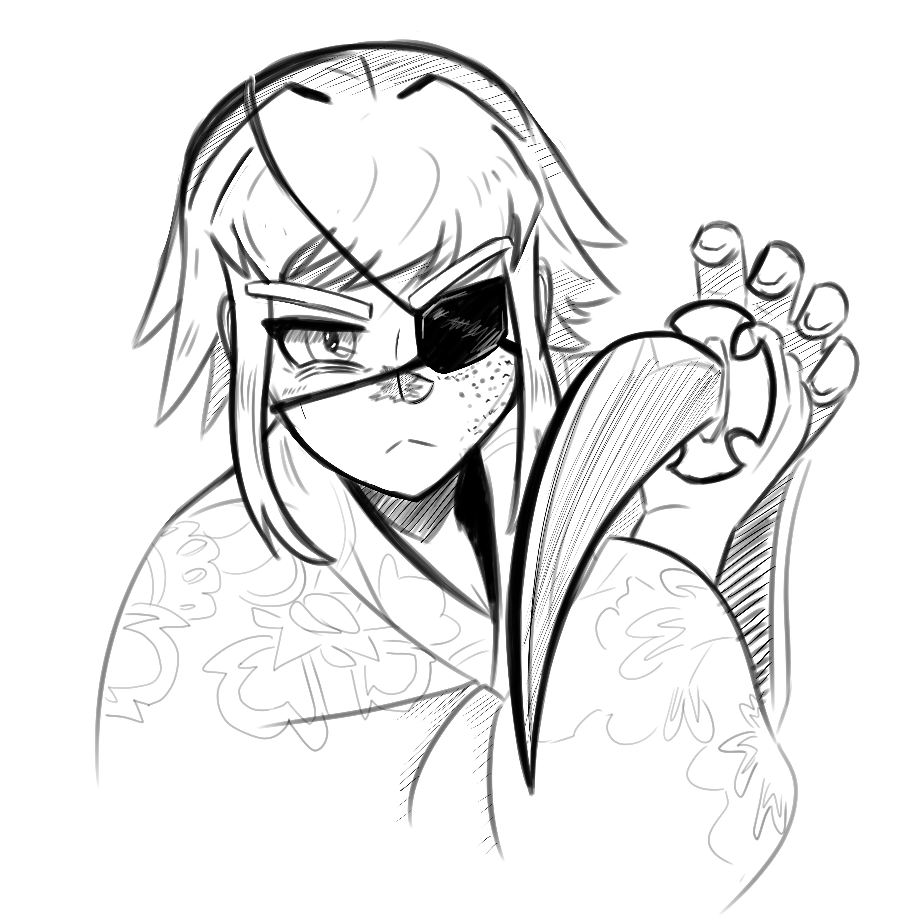 fluffkaiser, original, ryuu ga gotoku (series), ryuu ga gotoku ishin!, absurdres, highres, 1girl, aiming, aiming at viewer, closed mouth, dagger, eyepatch, facial scar, frown, holding, holding dagger, holding knife, holding weapon, japanese clothes, kimono, knife, looking at viewer, monochrome, narrowed eyes, scar, scar on cheek, scar on face, scar on nose, short hair, simple background, solo, threat, upper body, weapon, white background