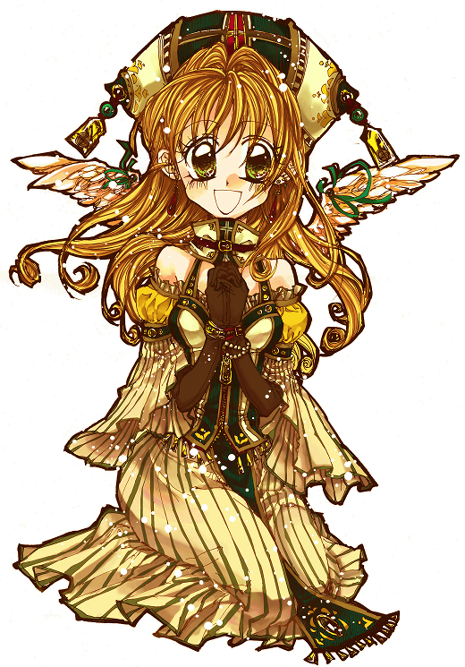 decoo, kusakabe maron, kamikaze kaitou jeanne, bad id, bad pixiv id, 1990s (style), 1girl, angel wings, bare shoulders, bracelet, brown hair, curly hair, dress, female focus, full body, gloves, green eyes, hat, jewelry, retro artstyle, ribbon, simple background, smile, solo, white background, wings