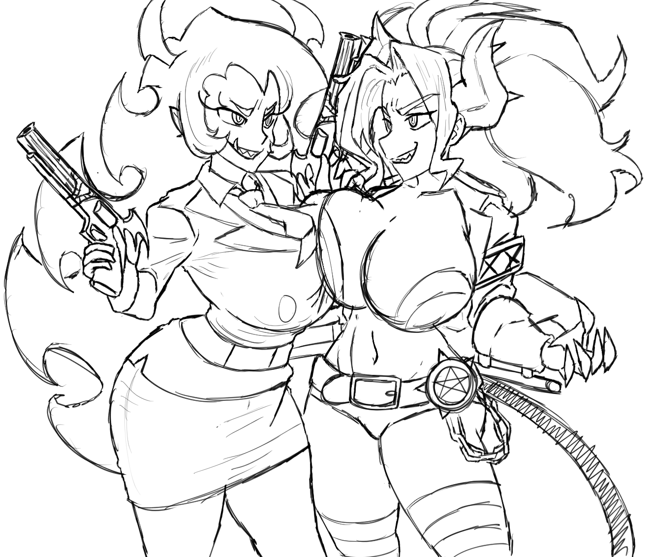 judgement (helltaker), scanty (psg), helltaker, panty & stocking with garterbelt, 2girls, blackchaos6400, bra, breasts, crossover, demon girl, demon horns, demon tail, gun, holding, holding gun, holding weapon, horns, large breasts, long hair, multiple girls, panties, sharp teeth, tail, teeth, underwear, weapon, white panties