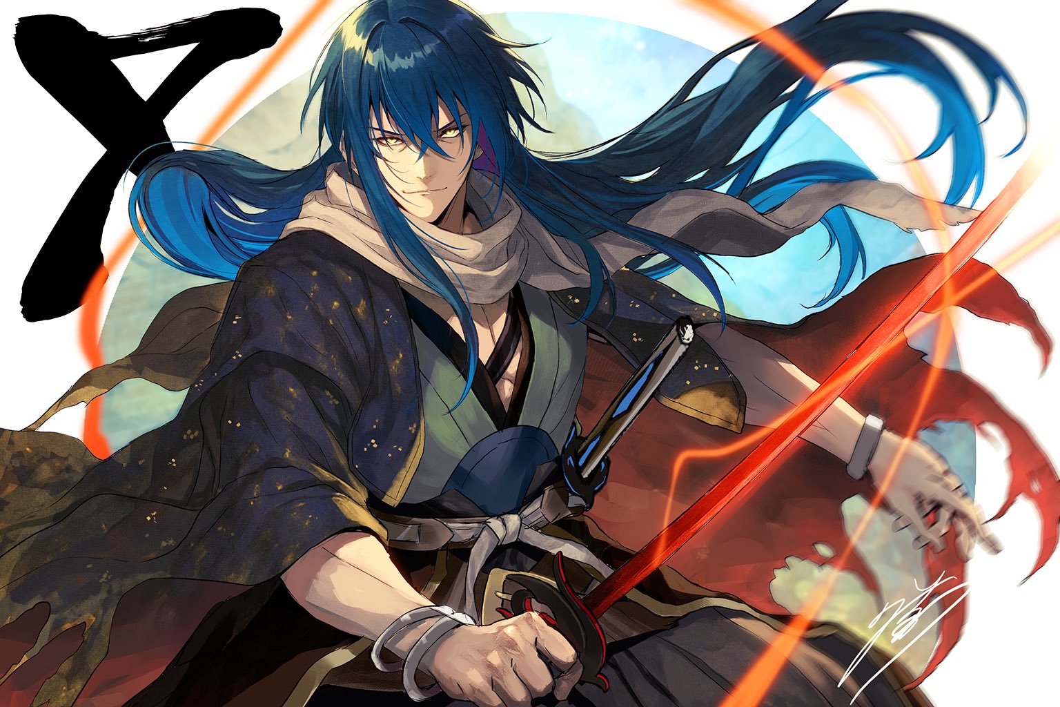 yuunagi (seventh heaven), mikata ga yowasugite hojo mahou ni tesshiteita kyuutei mahoushi tsuihou sarete saikyou wo mezashimasu, commentary request, 1boy, blue hair, haori, holding, holding sword, holding weapon, japanese clothes, katana, kimono, long hair, male focus, melea dial, scarf, smile, solo, sword, weapon, white scarf, yellow eyes