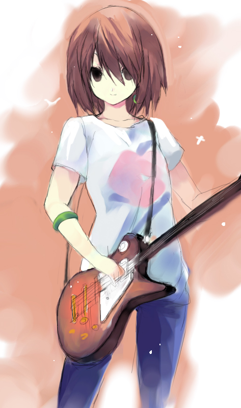 kogeneko, hirasawa yui, k-on!, listen!!, bad id, bad pixiv id, 1girl, armlet, brown eyes, brown hair, cropped legs, female focus, guitar, hair over one eye, instrument, jewelry, pants, shirt, short hair, short sleeves, solo, t-shirt, white shirt