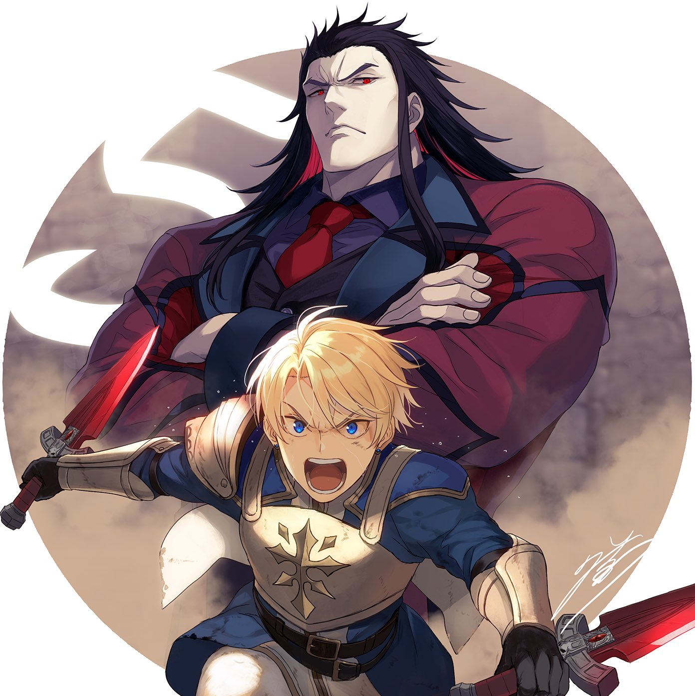 yuunagi (seventh heaven), mikata ga yowasugite hojo mahou ni tesshiteita kyuutei mahoushi tsuihou sarete saikyou wo mezashimasu, commentary request, highres, 2boys, armor, black hair, black vest, blonde hair, blue eyes, dual wielding, holding, holding sword, holding weapon, long hair, multiple boys, necktie, red eyes, red necktie, regulus galdana, reverse grip, short hair, shoulder armor, sword, vest, vogan forneus, weapon