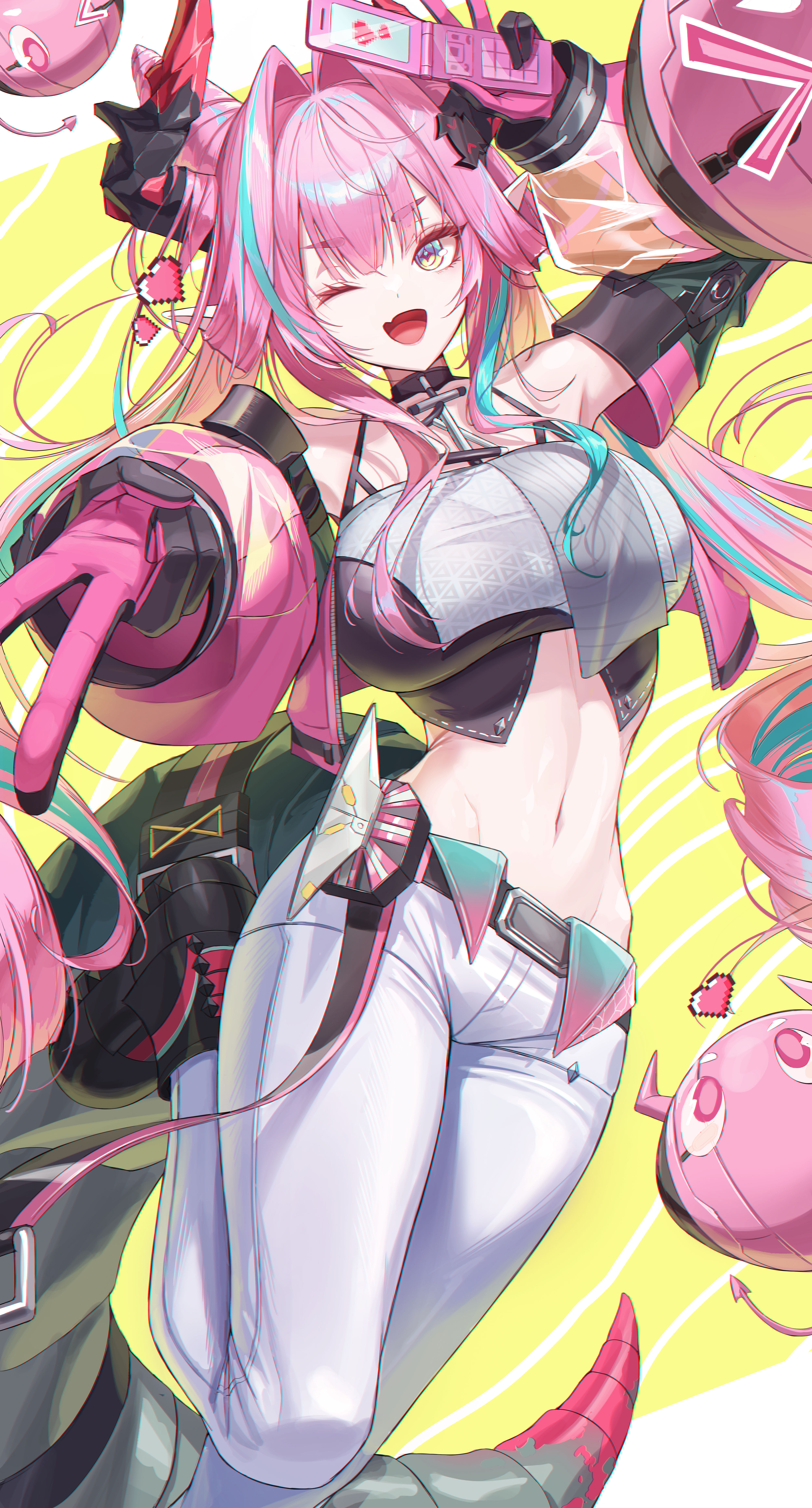 yvonne (arknights), arknights, arknights: endfield, absurdres, highres, 1girl, :d, black horns, black shoes, blackmilk, breasts, cellphone, cone hair bun, fang, flip phone, gloves, green tail, gyaru v, hair bun, hair intakes, hair on horn, holding, holding phone, horns, large breasts, long hair, multicolored horns, navel, one eye closed, open mouth, pants, phone, pink gloves, pink hair, pink sleeves, pointy ears, shoes, skin fang, smile, solo, two-sided gloves, two-tone horns, v, white pants