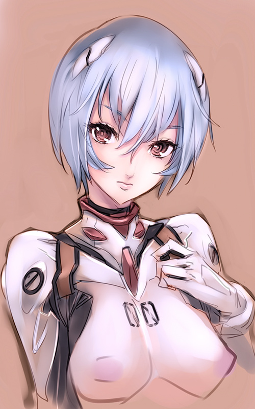 nishieda, ayanami rei, neon genesis evangelion, 1girl, blue hair, covered erect nipples, female focus, mecha pilot suit, plugsuit (evangelion), red eyes, solo
