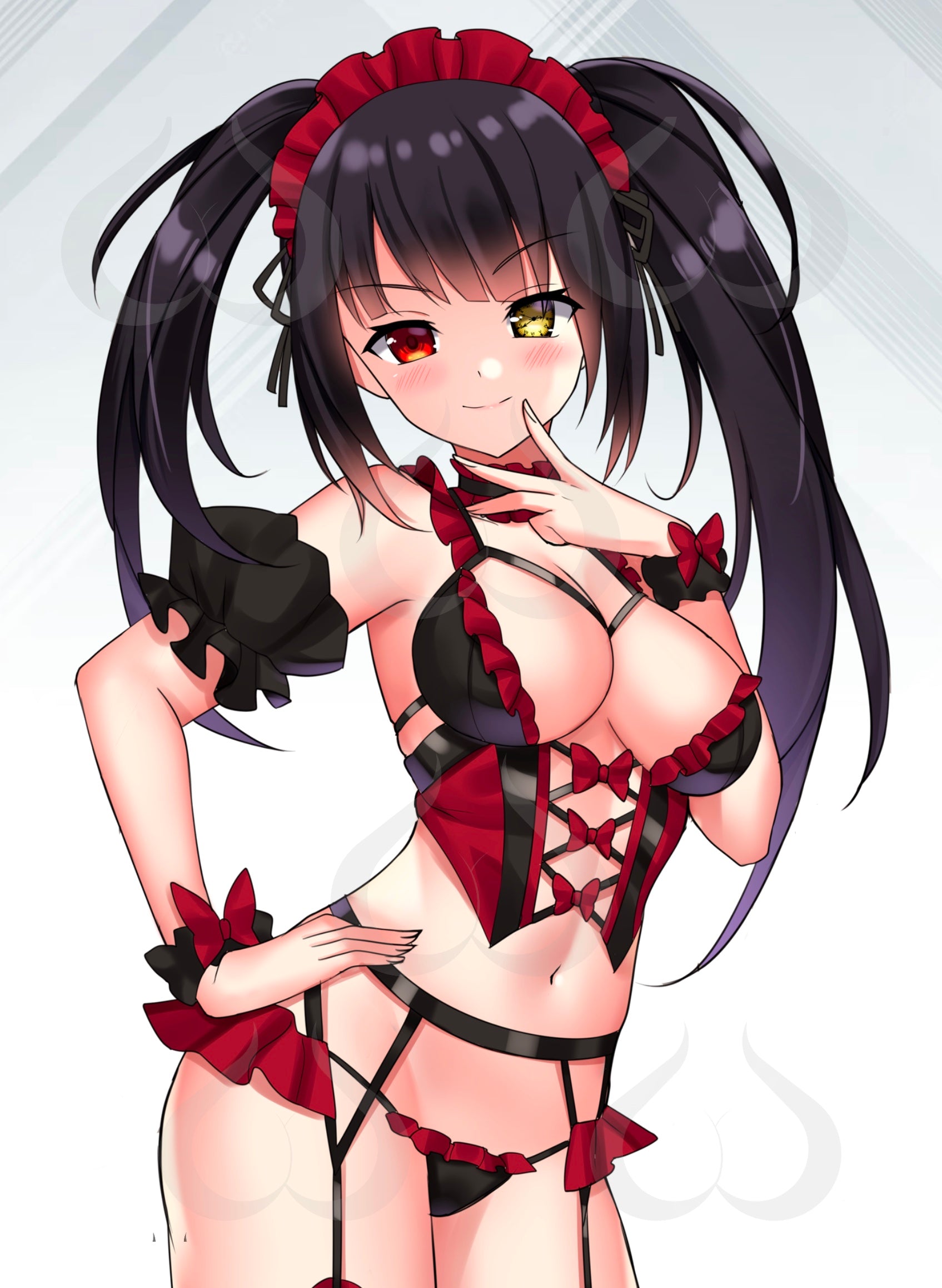 tokisaki kurumi, tokisaki kurumi (spirit), date a live, artist request, highres, source request, 1girl, black hair, black panties, blush, bow, breasts, clock eyes, closed mouth, garter belt, hairband, heterochromia, lingerie, lolita hairband, long hair, looking at viewer, medium breasts, naughty face, navel, panties, red bow, red eyes, seductive smile, smile, solo, standing, symbol-shaped pupils, twintails, underwear, underwear only, uneven twintails, yellow eyes