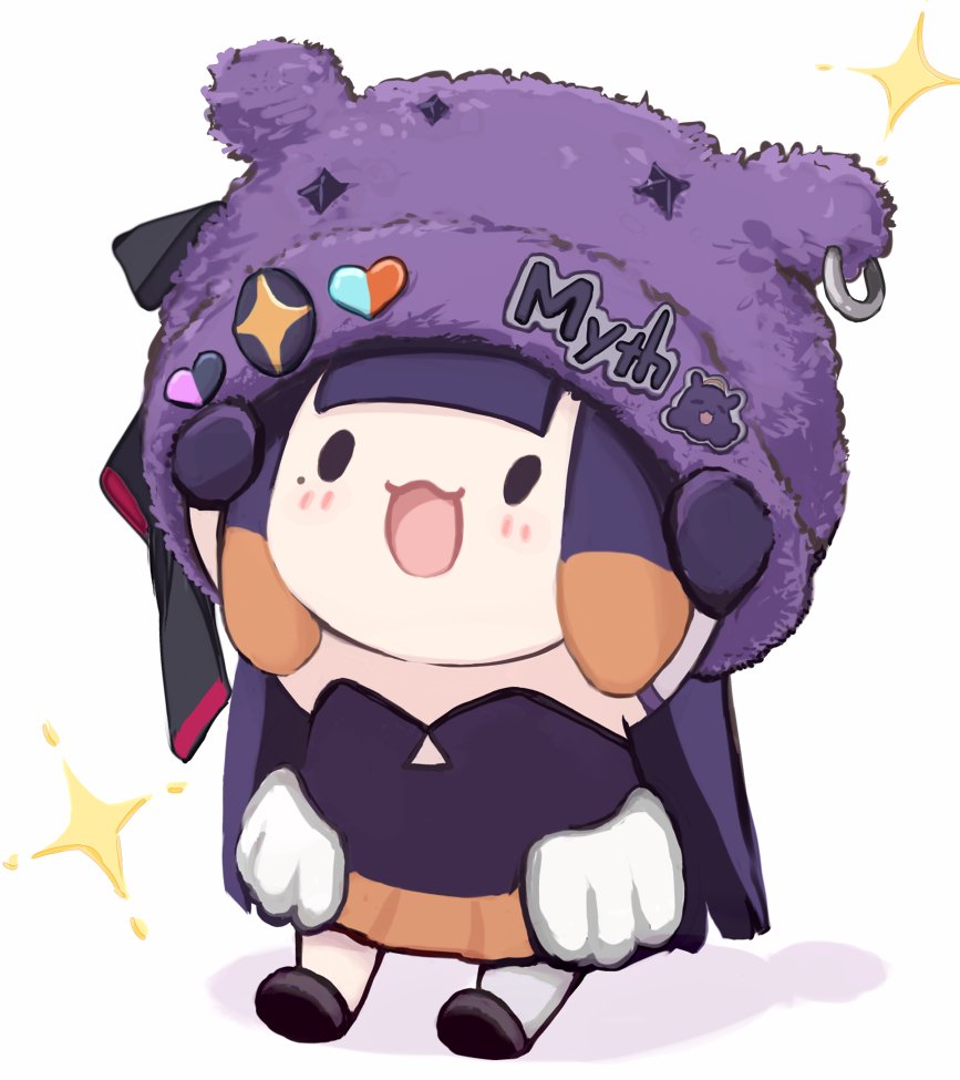 yuuyu (777), ninomae ina'nis, ninomae ina'nis (1st costume), smol ina, takodachi (ninomae ina'nis), hololive, commentary, english commentary, 1girl, :3, :d, black dress, blunt bangs, blush, chibi, chibi only, dress, full body, hat, hat ornament, heart, heart hat ornament, long hair, low wings, mole, mole under eye, open mouth, purple hair, simple background, sleeveless, sleeveless dress, smile, solid oval eyes, solo, sparkle, tentacle hair, virtual youtuber, white background, wings