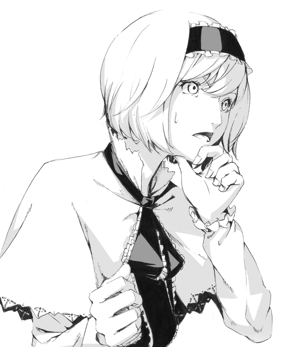 sousou (sousouworks), alice margatroid, touhou, 1girl, capelet, female focus, greyscale, hairband, monochrome, realistic, short hair, solo