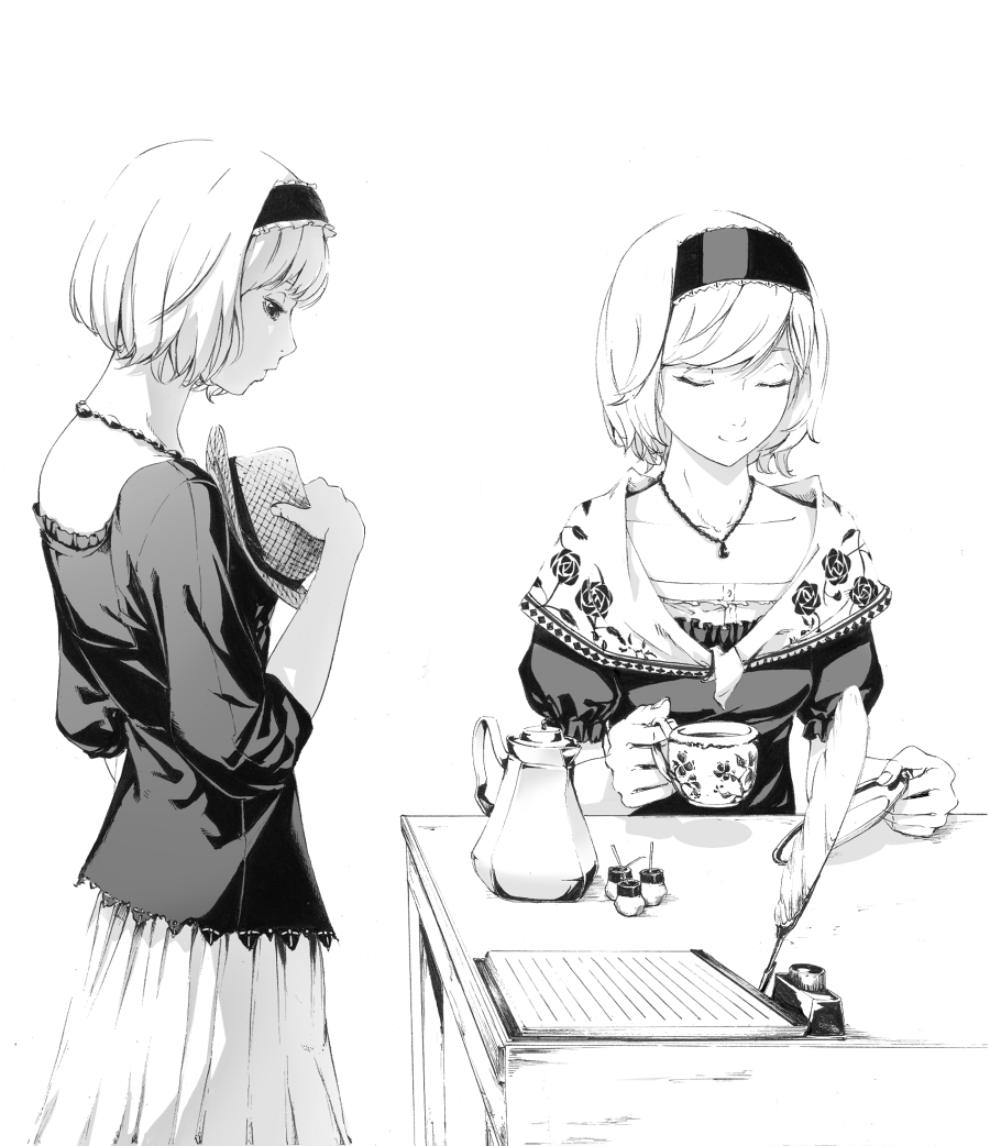 sousou (sousouworks), alice margatroid, touhou, 2girls, cup, dress, dual persona, female focus, greyscale, hairband, hat, inkwell, monochrome, multiple girls, quill, realistic, short hair, tea, teacup, teapot