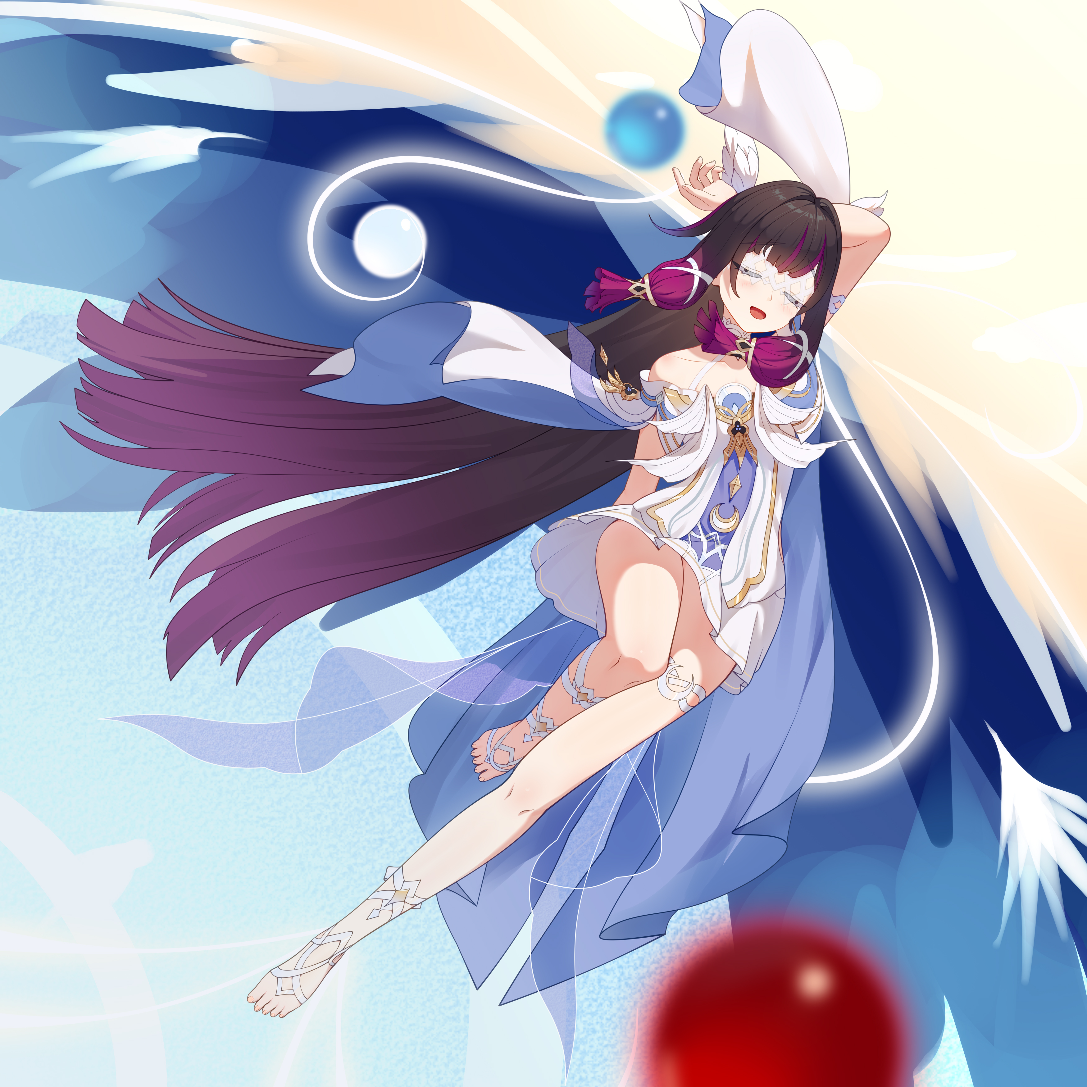columbina (genshin impact), genshin impact, absurdres, chinese commentary, commentary request, highres, 1girl, arm up, bare shoulders, black hair, closed eyes, dress, eye mask, full body, hair ornament, long hair, low-tied sidelocks, mask, multicolored hair, open mouth, pink hair, purple hair, sidelocks, solo, streaked hair, thigh strap, toenails, toes, very long hair, white dress, x hair ornament, zhong meng hui shi
