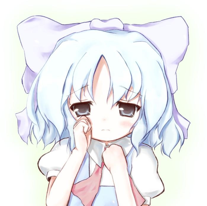 boxinhev, cirno, embodiment of scarlet devil, touhou, gradient background, hair ribbon, ribbon, sad, short hair, solo