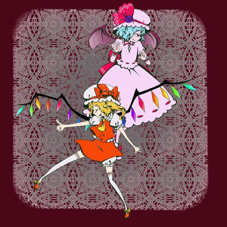 yamamoto manami, flandre scarlet, remilia scarlet, touhou, 2girls, dress, female focus, hat, multiple girls, siblings, sisters, wings