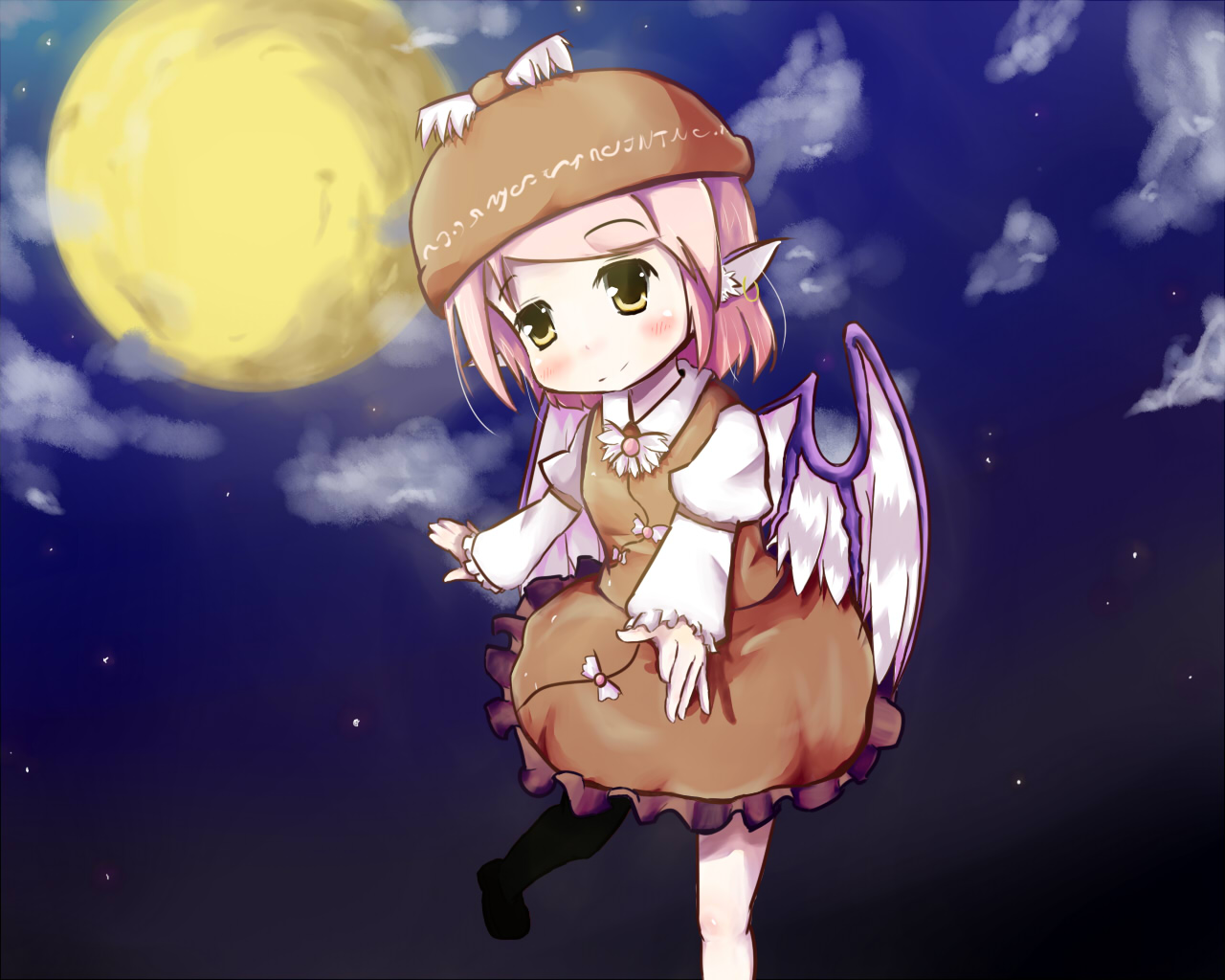 boxinhev, mystia lorelei, touhou, 1girl, dress, female focus, full moon, gradient background, hat, moon, night, outdoors, sky, smile, solo, standing, standing on one leg