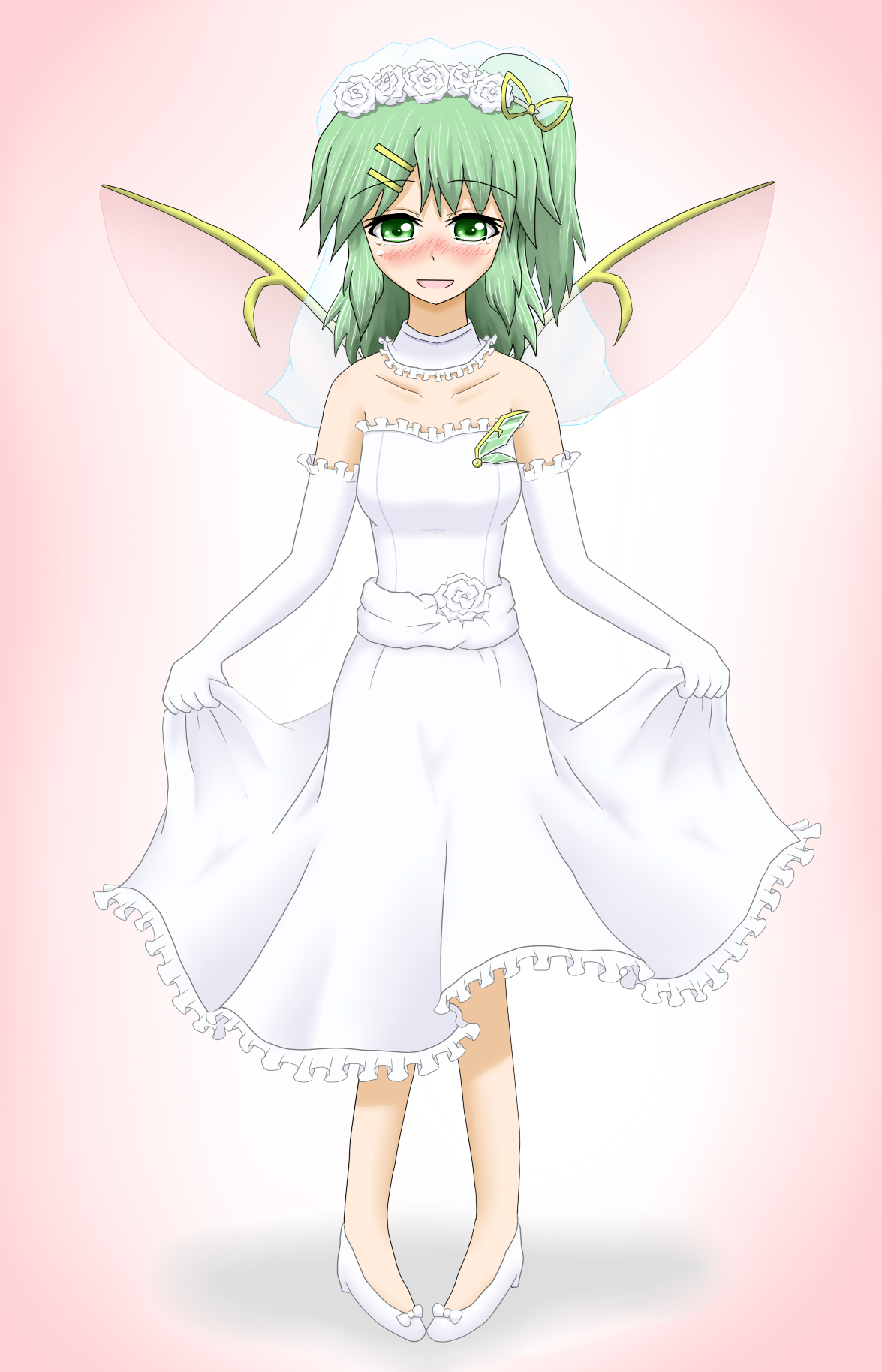 pakira, daiyousei, embodiment of scarlet devil, touhou, highres, 1girl, alternate costume, blush, dress, elbow gloves, female focus, flower, full body, gloves, gradient background, green eyes, hair ornament, hairpin, happy, plant, solo, standing, tears, wedding dress, white background, white gloves, wings