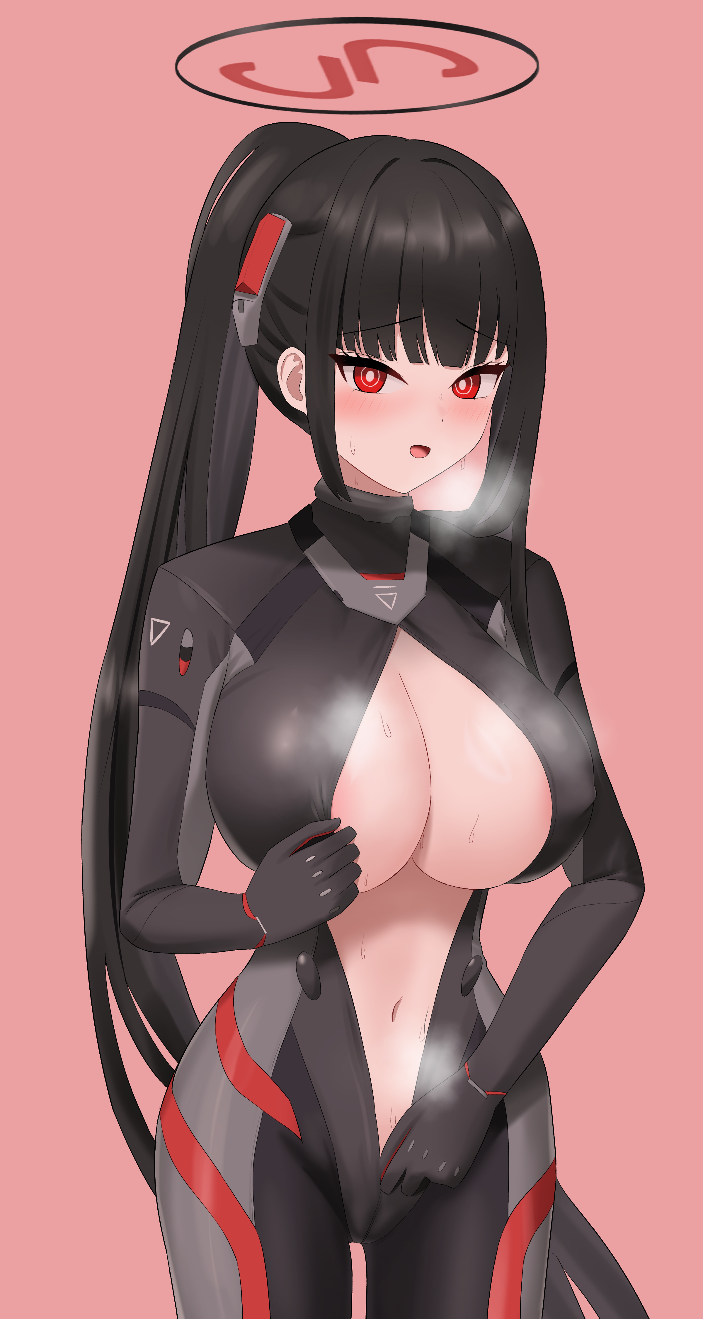 rio (armed) (blue archive), rio (blue archive), blue archive, absurdres, commentary request, highres, partial commentary, 1girl, black bodysuit, black hair, black halo, blunt bangs, blush, bodysuit, breasts, bright pupils, cleavage, covered erect nipples, cowboy shot, hair ornament, halo, impossible bodysuit, impossible clothes, large breasts, latex, latex bodysuit, long hair, looking at viewer, multicolored halo, navel, official alternate costume, official alternate hairstyle, open bodysuit, open clothes, open mouth, pink background, ponytail, red eyes, ringed eyes, rodale, sidelocks, simple background, skin tight, solo, standing, steaming body, stomach, sweat, two-tone halo, unzipping, very long hair, white pupils