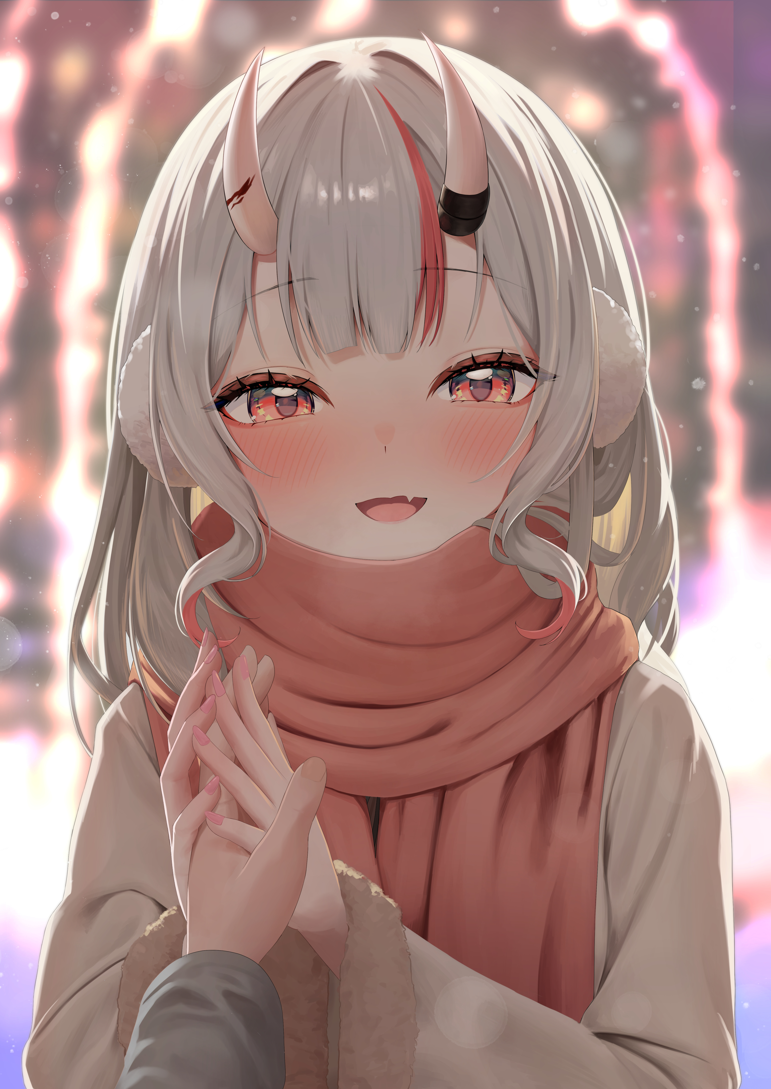 kakinotane e, nakiri ayame, hololive, absurdres, commentary request, highres, 1girl, 1other, :d, alternate costume, blurry, blurry background, blush, brown jacket, center-flap bangs, earmuffs, fang, fingernails, fur-trimmed jacket, fur trim, grey hair, hair between horns, hand grab, horns, jacket, long hair, looking at viewer, oni, open mouth, outdoors, pink scarf, pov, pov hands, red eyes, red streaks, scarf, skin-covered horns, skin fang, smile, snowing, solo focus, upper body, virtual youtuber