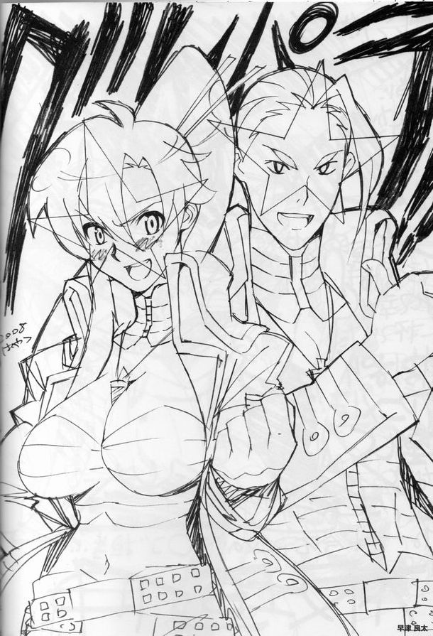 rossiu adai, simon (ttgl), yoko littner, tengen toppa gurren lagann, official art, scan, breasts, cleavage, corset, cosplay, drill, greyscale, large breasts, monochrome, simon (cosplay), sketch, sunglasses