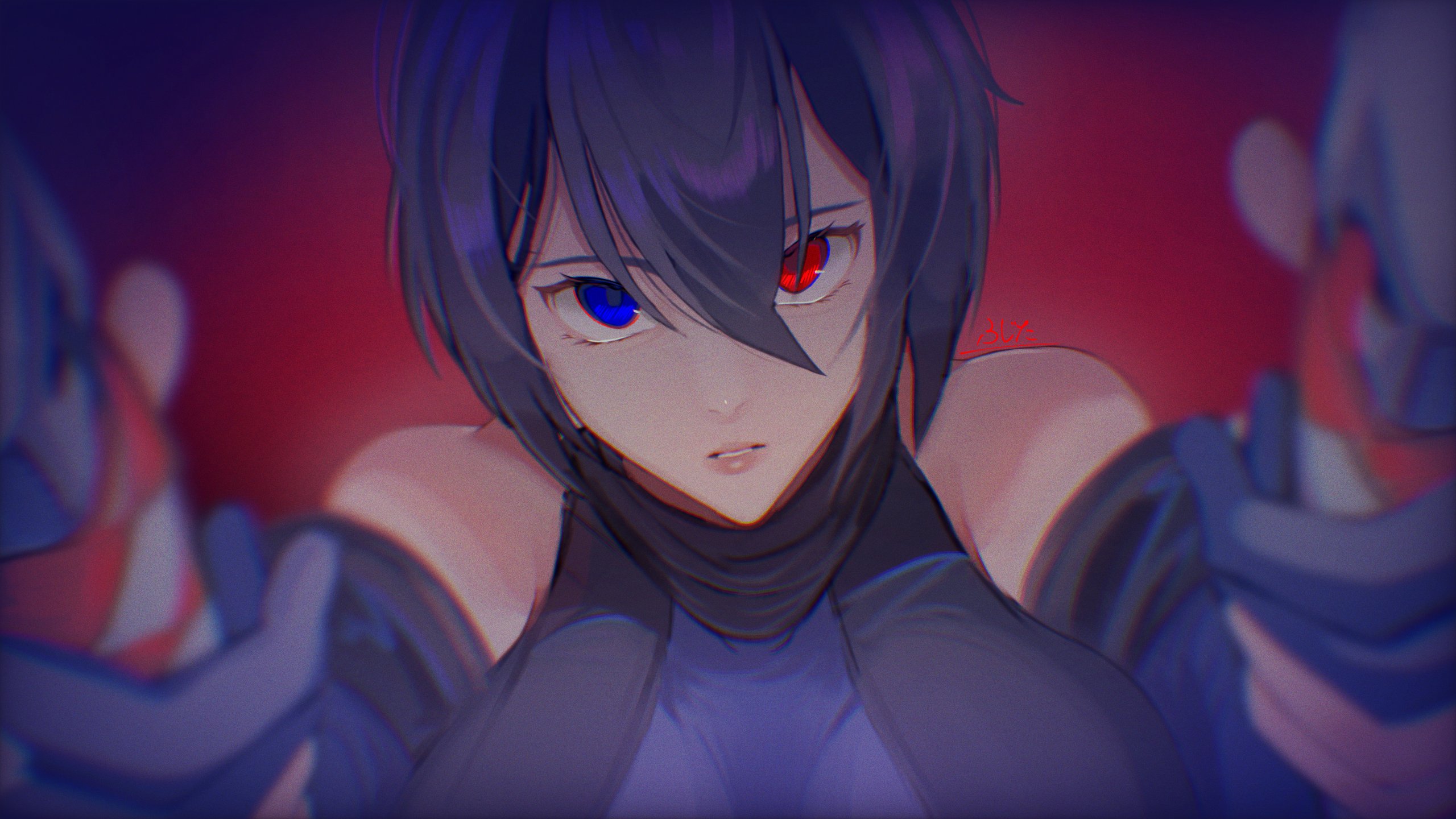 shiki (samurai spirits), samurai spirits, snk, 1girl, black hair, blue eyes, breasts, heterochromia, large breasts, looking at viewer, pov, red eyes, solo