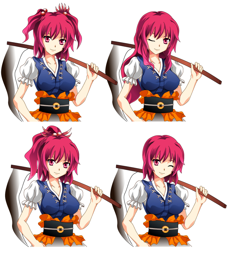 siu (hn495), onozuka komachi, touhou, 1girl, alternate hairstyle, breasts, female focus, hair bobbles, hair down, hair ornament, long hair, multiple views, one eye closed, ponytail, red eyes, red hair, scythe, short hair, simple background, standing, twintails, two side up, upper body, white background, wink
