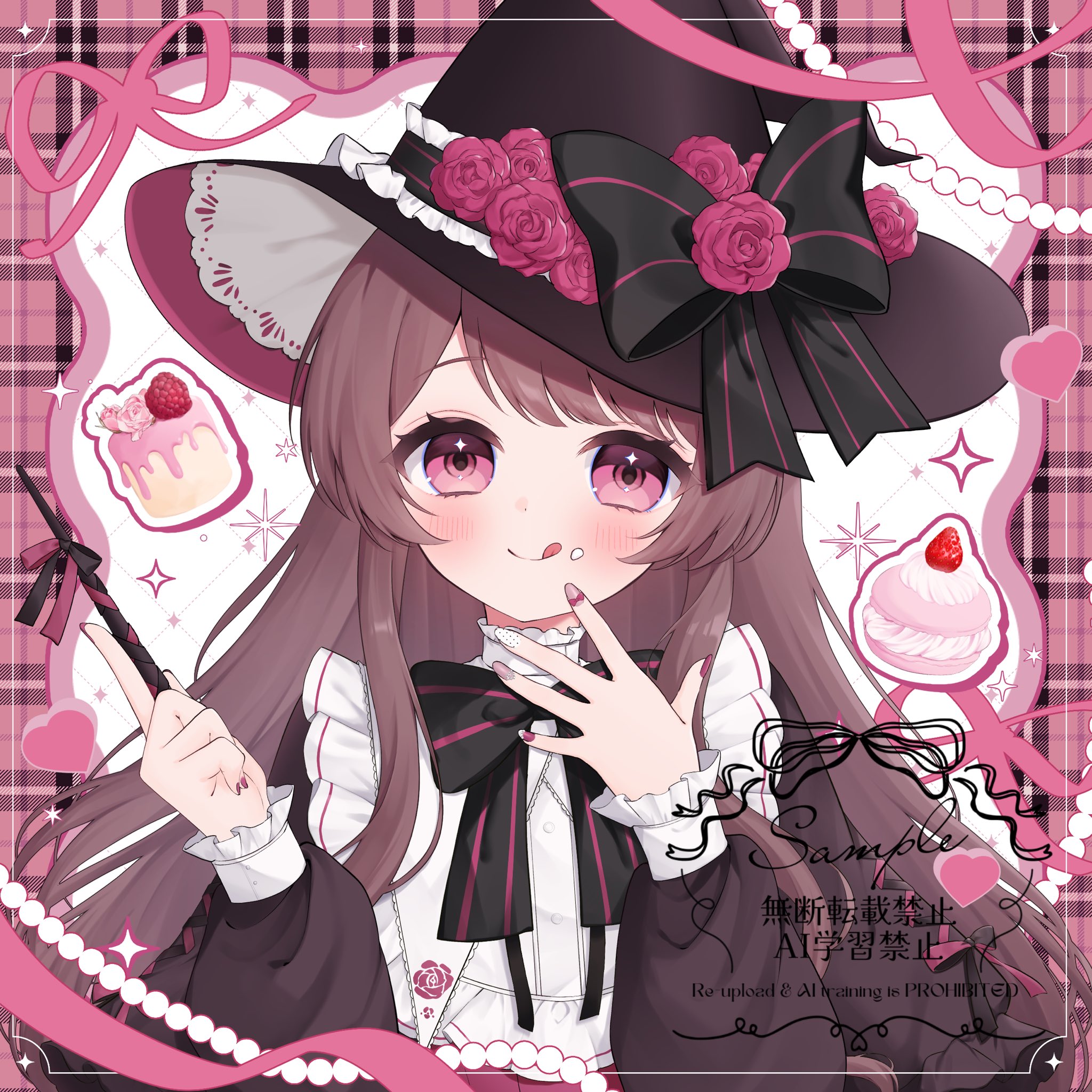 indie virtual youtuber, commentary request, commission, highres, second-party source, 1girl, amam fuka (vtuber), black bow, black bowtie, black dress, black hat, bow, bowtie, brown hair, dessert, dress, fake nails, flower, food, frilled wrist cuffs, frills, hat, hat bow, holding, holding wand, licking lips, long hair, long sleeves, looking at viewer, macaron, mmmow, multicolored bow, multicolored dress, pink bow, pink eyes, pink flower, puritan collar, solo, tongue, tongue out, upper body, virtual youtuber, wand, white dress, white wrist cuffs, witch, witch hat, wrist cuffs