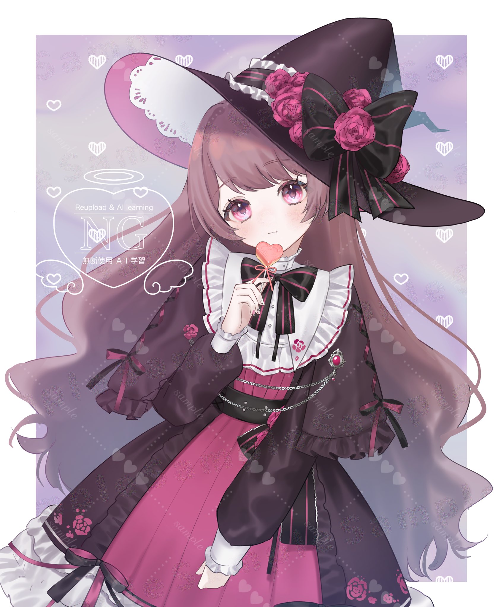 haganeyama100, indie virtual youtuber, commentary request, commission, highres, second-party source, 1girl, amam fuka (vtuber), black bow, black bowtie, black dress, black hat, bow, bowtie, brown hair, candy, collar, dress, flower, food, frilled wrist cuffs, frills, hat, hat bow, heart, heart-shaped food, heart-shaped lollipop, holding, holding candy, holding food, holding lollipop, lollipop, long hair, long sleeves, looking at viewer, multicolored bow, multicolored dress, pink bow, pink dress, pink eyes, pink flower, puritan collar, shaped lollipop, solo, upper body, virtual youtuber, watermark, white collar, white wrist cuffs, witch, witch hat, wrist cuffs