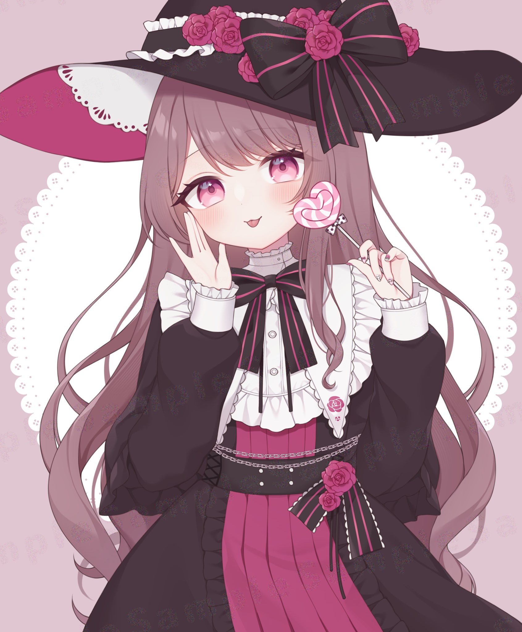 indie virtual youtuber, commentary request, commission, highres, second-party source, 1girl, amam fuka (vtuber), bib collar, black bow, black bowtie, black dress, black hat, bow, bowtie, brown hair, candy, collar, dress, flower, food, frilled wrist cuffs, frills, hands up, hat, hat bow, heart, heart-shaped food, heart-shaped lollipop, holding, holding candy, holding food, holding lollipop, lollipop, long hair, long sleeves, looking at viewer, multicolored bow, multicolored dress, pink bow, pink dress, pink eyes, pink flower, puritan collar, ririam 0x0, shaped lollipop, simple background, solo, tongue, tongue out, upper body, virtual youtuber, white collar, white wrist cuffs, witch, witch hat, wrist cuffs