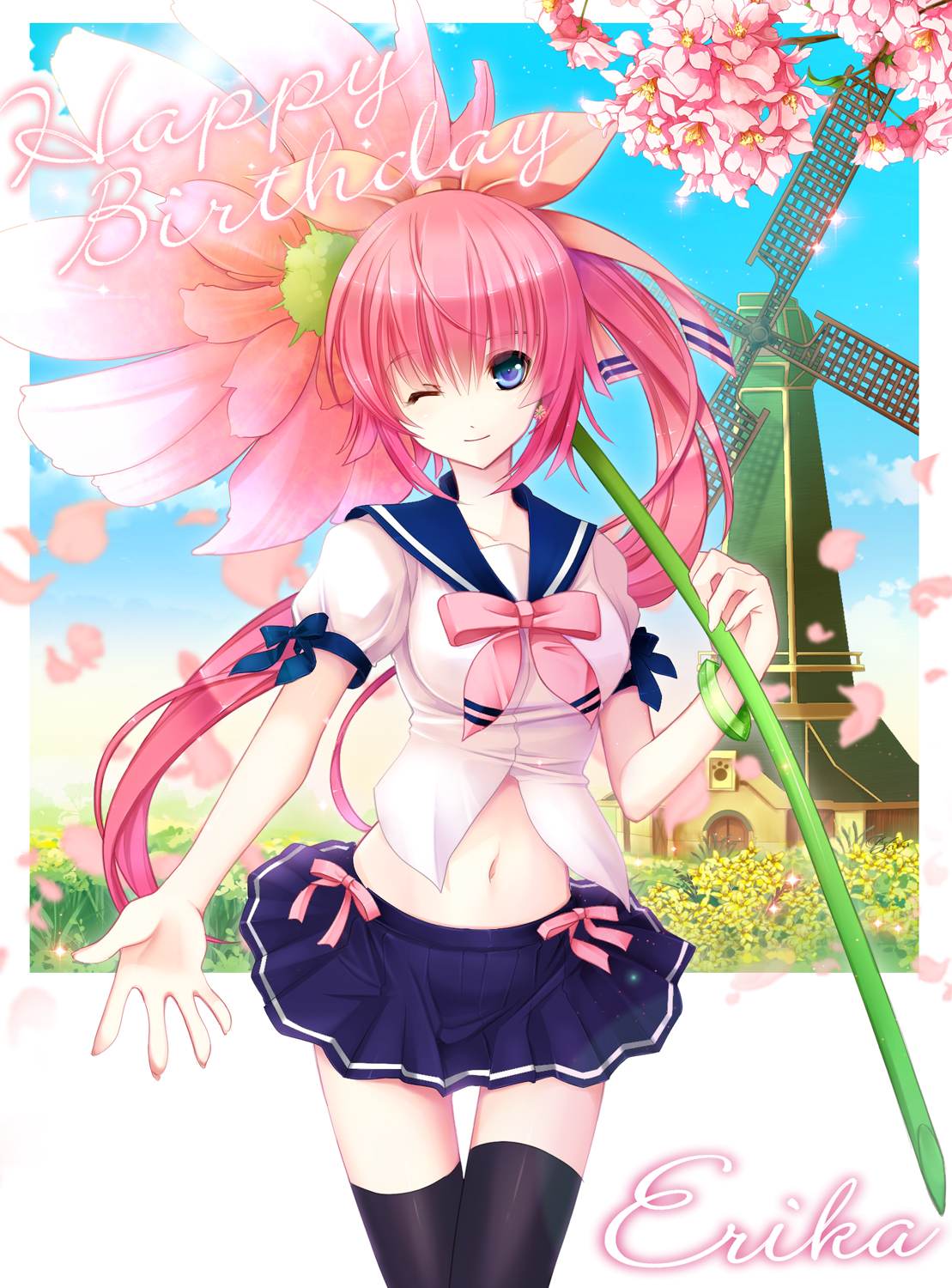 hana, yuuki kira, hana (pangya), pangya, highres, 1girl, beckoning, blue eyes, cherry blossoms, female focus, flower, hair ribbon, long hair, looking at viewer, midriff, navel, one eye closed, outstretched arm, outstretched hand, oversized object, petals, ponytail, ribbon, school uniform, serafuku, skirt, smile, solo, thigh gap, thighhighs, very long hair, windmill, wink, wristband, zettai ryouiki