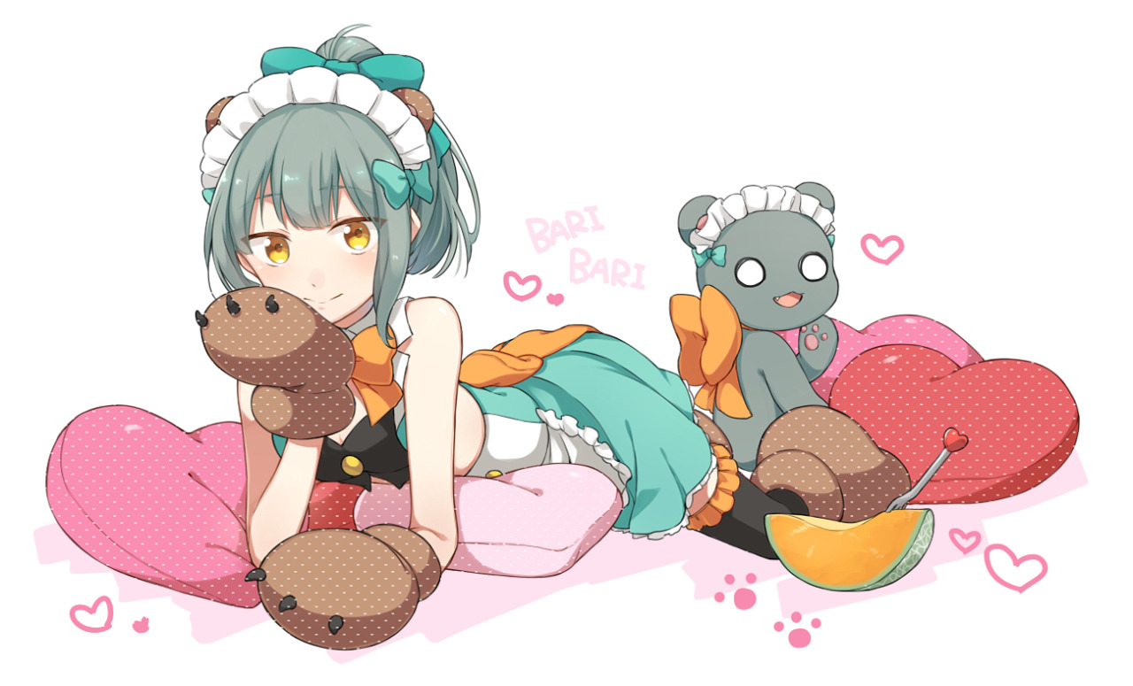 kan'yu (citron 82), yuubari (kancolle), kantai collection, yuri kuma arashi, commentary, 1girl, animal hands, black thighhighs, blue bow, bow, crop top, crossover, food, fork, fruit, gloves, grey hair, hair bow, heart, heart-shaped pillow, looking at viewer, lying, maid headdress, melon, orange bow, paw gloves, paw shoes, pillow, ponytail, simple background, skirt, sleeveless, stuffed animal, stuffed toy, teddy bear, thighhighs, yellow eyes