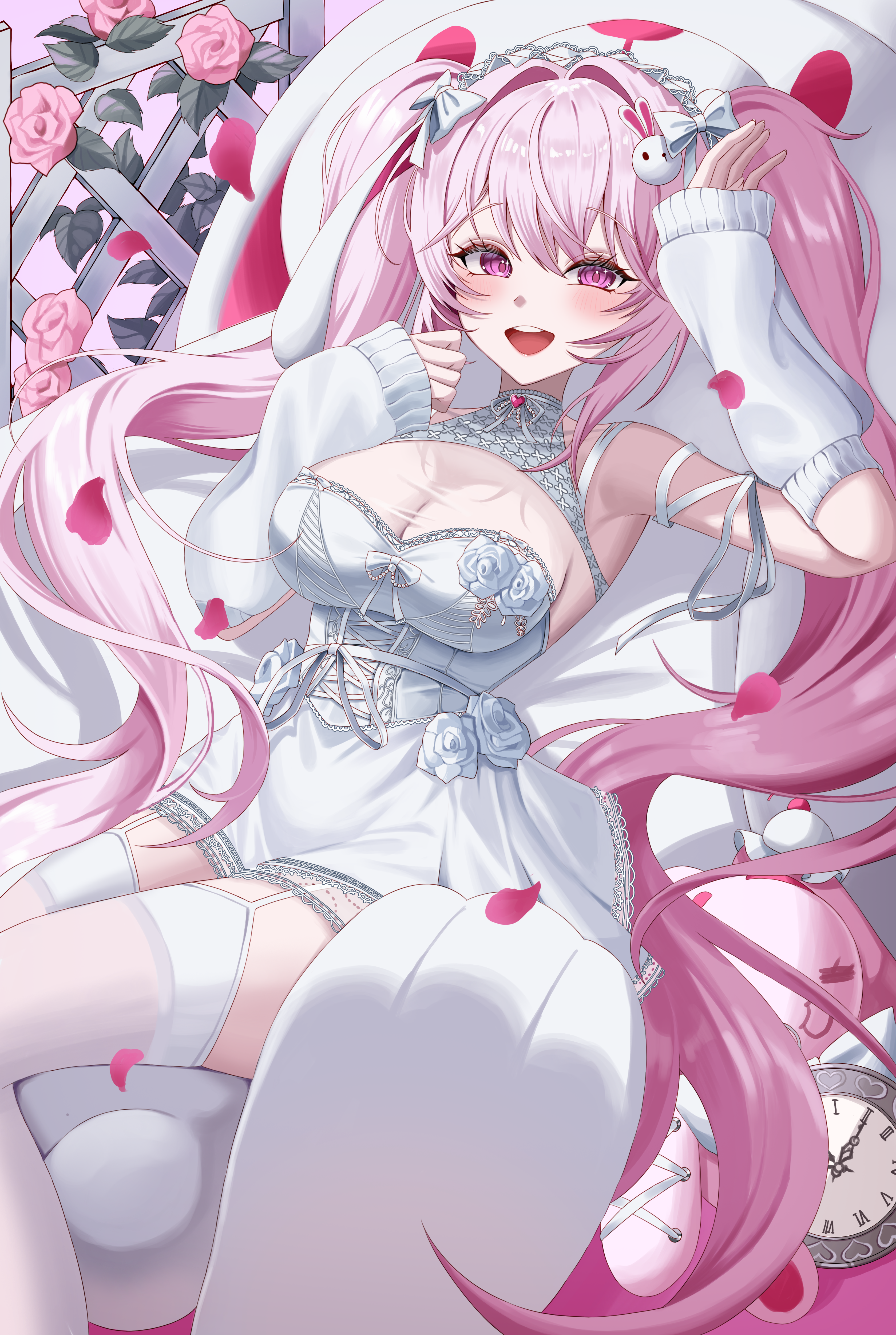 yurang heart, alice (nikke), goddess of victory: nikke, absurdres, commentary, highres, 1girl, alice (marchen dream) (nikke), arm warmers, blush, breasts, choker, cleavage, clock, dress, flower, garter straps, hair ornament, hairband, heart, heart choker, large breasts, long hair, looking at viewer, official alternate costume, open mouth, petals, pink eyes, pink flower, pink hair, rabbit hair ornament, see-through cleavage, see-through clothes, smile, solo, stuffed animal, stuffed rabbit, stuffed toy, teeth, thighhighs, twintails, upper teeth only, very long hair, white arm warmers, white dress, white garter straps, white hairband, white thighhighs