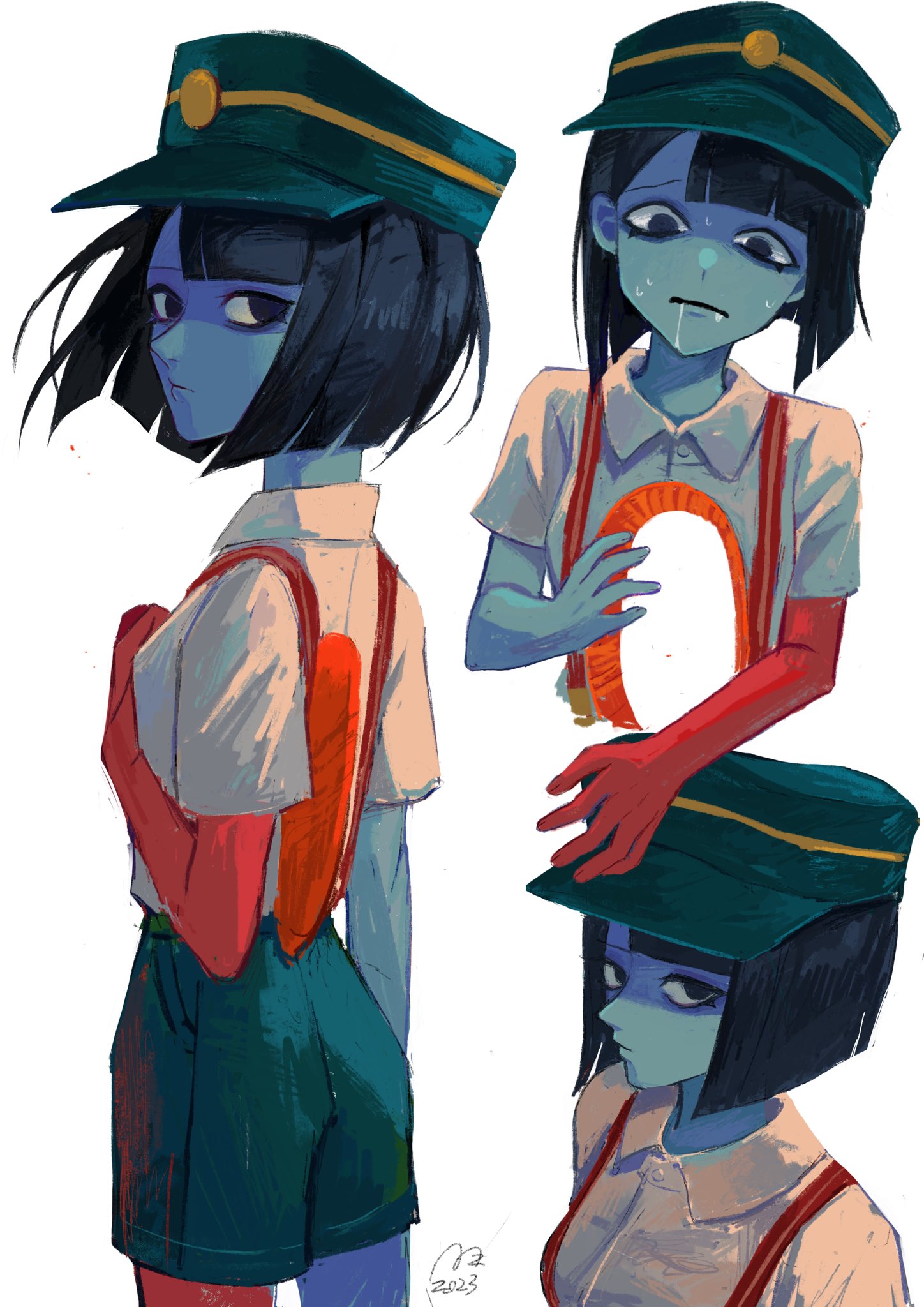 usagimarumei, ena (dream bbq), hangover ena, ena: dream bbq, ena (series), commentary, highres, 1girl, black eyes, black hair, blue skin, blunt bangs, blunt ends, bob cut, colored skin, drooling, ena (species), green hat, hat, hole in stomach, hole on body, multicolored skin, red skin, shirt, short sleeves, shorts, simple background, suspender shorts, suspenders, sweat, two-tone skin