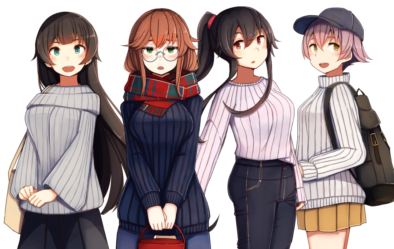 kumano plan, agano (kancolle), noshiro (kancolle), sakawa (kancolle), yahagi (kancolle), kantai collection, commentary request, 4girls, alternate costume, backpack, bag, baseball cap, bespectacled, black hair, black hat, blush, breasts, brown hair, casual, denim, glasses, green eyes, hair between eyes, hat, holding, jeans, long hair, multiple girls, open mouth, pants, parted lips, plaid clothes, plaid scarf, ponytail, red eyes, ribbed sweater, round eyewear, scarf, short hair, sidelocks, simple background, skirt, sweater, turtleneck, turtleneck sweater, very long hair, white background, wide sleeves, yellow eyes