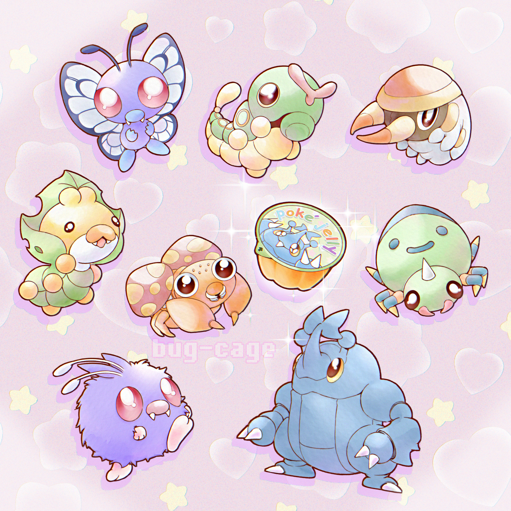 butterfree, caterpie, grubbin, heracross, paras, sewaddle, spinarak, venonat, nintendo, pokemon, highres, antennae, brown eyes, bug, bug-cage, claws, colored sclera, fangs, food, full body, gelatin, gen 1 pokemon, gen 2 pokemon, gen 5 pokemon, gen 7 pokemon, heart, horns, no humans, open mouth, pink eyes, pokemon (creature), single horn, star (symbol), yellow sclera