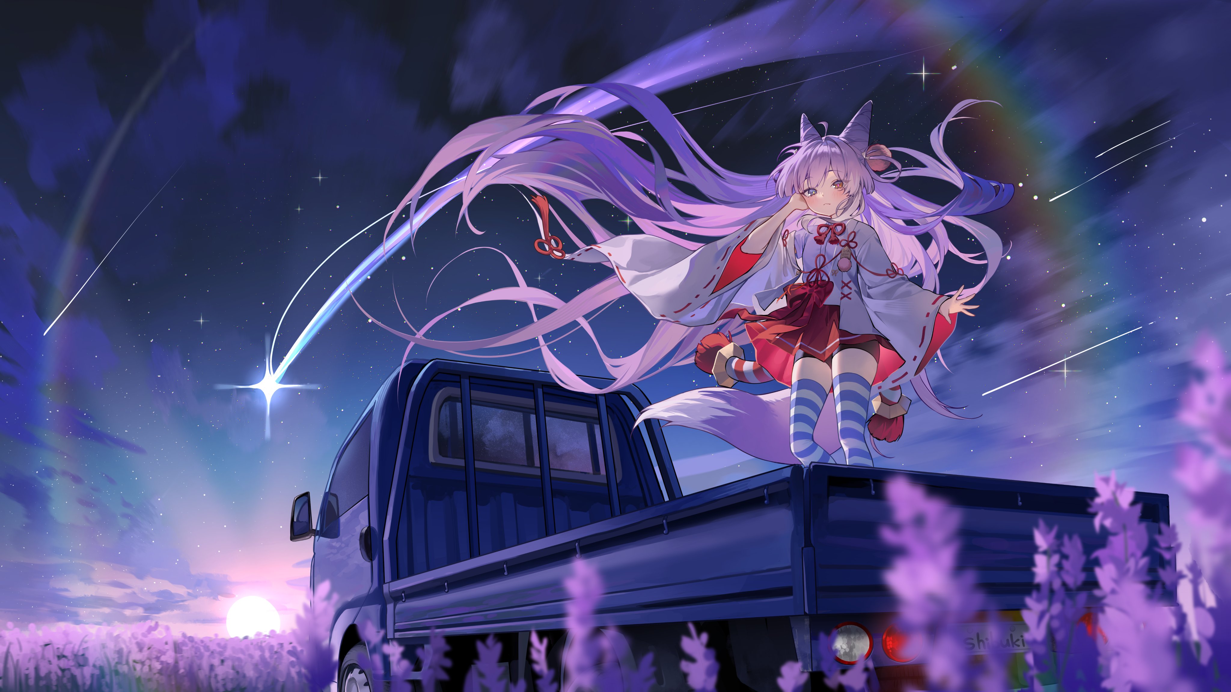 ayoni 623, tenko shibuki, stellive, absurdres, commentary request, highres, korean commentary, 1girl, ahoge, animal ears, bike shorts, black shorts, blue eyes, blue thighhighs, bow, bowtie, closed mouth, cone hair bun, double bun, flower, fox girl, fox tail, hair bun, hair ornament, hair rings, heterochromia, japanese clothes, long hair, miko, miniskirt, motor vehicle, night, nontraditional miko, outdoors, pleated skirt, pom pom (clothes), pom pom hair ornament, purple hair, purple shirt, rainbow, red bow, red bowtie, red ribbon, red skirt, ribbon, shirt, shooting star, short sleeves, shorts, skirt, sky, solo, star (sky), starry sky, striped clothes, striped thighhighs, tail, thighhighs, truck, very long hair, virtual youtuber, wide sleeves, yellow eyes