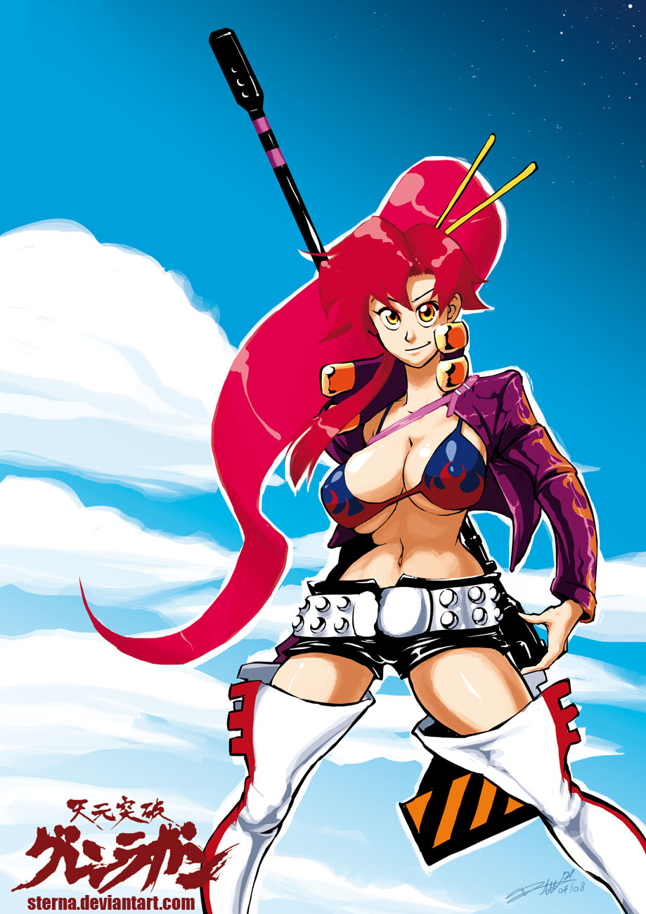 damien dozias, yoko littner, tengen toppa gurren lagann, highres, self-upload, 00s, 1girl, anti-materiel rifle, artist name, bikini, bikini top only, boots, breasts, cleavage, cropped jacket, day, female focus, flame print, gun, hair ornament, hair stick, high collar, large breasts, long hair, over shoulder, ponytail, red hair, rifle, signature, sky, smile, sniper rifle, solo, star (sky), starry sky, swimsuit, thigh boots, thighhighs, unaligned breasts, underboob, very long hair, watermark, weapon, weapon over shoulder, web address, yellow eyes