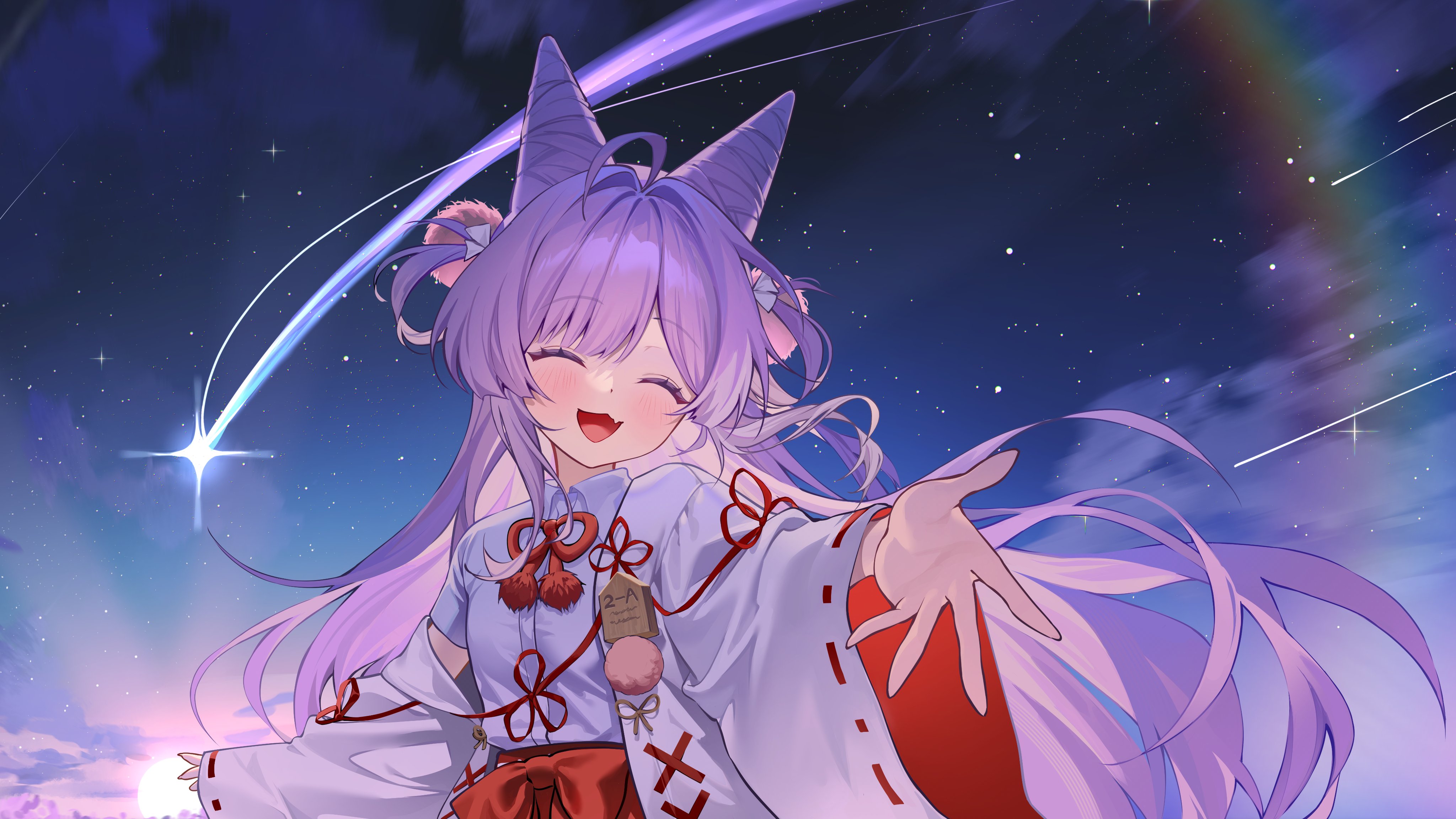 ayoni 623, tenko shibuki, stellive, absurdres, commentary request, highres, korean commentary, 1girl, ahoge, animal ears, bow, bowtie, closed eyes, cone hair bun, double bun, fang, flower, fox girl, hair bun, hair ornament, hair rings, japanese clothes, long hair, miko, miniskirt, night, nontraditional miko, open mouth, outdoors, pleated skirt, pom pom (clothes), pom pom hair ornament, purple hair, purple shirt, rainbow, red bow, red bowtie, red ribbon, red skirt, ribbon, shirt, shooting star, short sleeves, skin fang, skirt, sky, solo, star (sky), starry sky, very long hair, virtual youtuber, wide sleeves