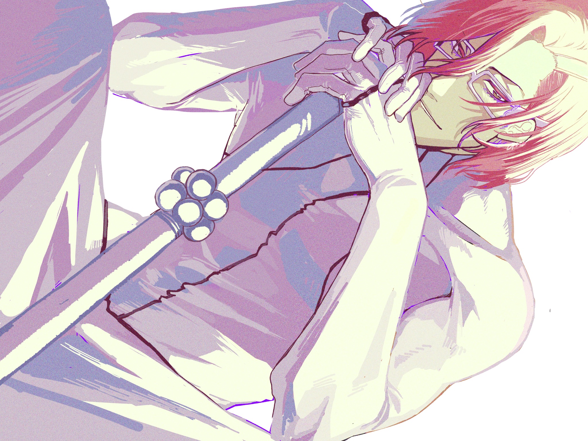 a nzi end, szayelaporro granz, bleach, commentary request, highres, 1boy, backlighting, gloves, long sleeves, looking at viewer, male focus, parted lips, rectangular eyewear, red hair, short hair, simple background, sitting, solo, sword, weapon, white background, white gloves