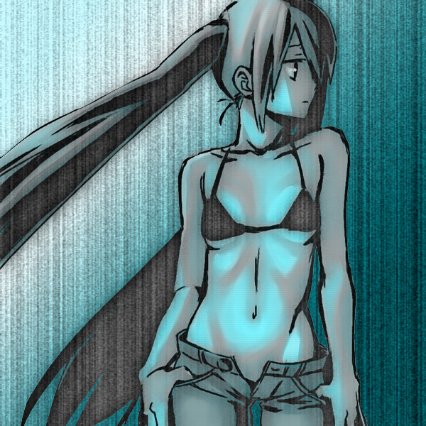 88 (488), 88 (pixiv), hatsune miku, vocaloid, 1girl, aqua theme, bikini, bikini top only, bra, breasts, female focus, hands in pockets, lingerie, long hair, monochrome, navel, profile, small breasts, solo, swimsuit, twintails, underwear, unzipped, very long hair