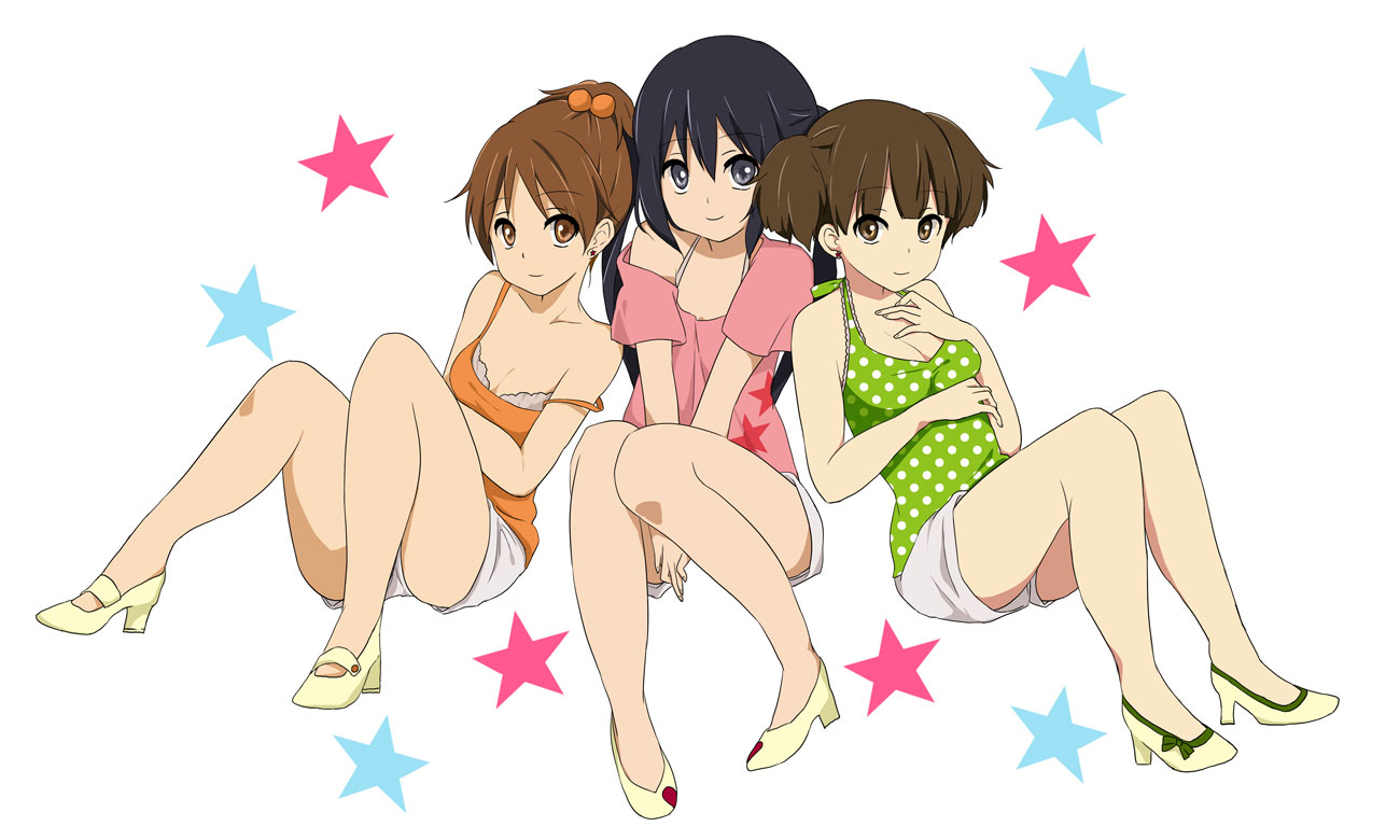 pantarou, hirasawa ui, nakano azusa, suzuki jun, k-on!, bad id, bad pixiv id, 3girls, black hair, brown eyes, brown hair, casual, legs, long hair, multiple girls, ponytail, short hair, strap slip, twintails