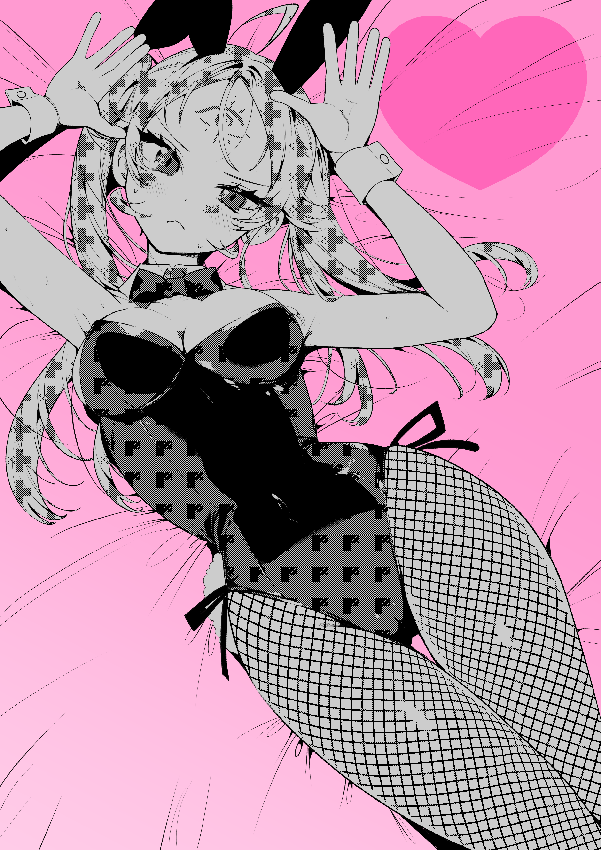 ouchi kaeru, koi to senrigan to aonisai, absurdres, commentary request, highres, 1girl, ahoge, animal ears, blush, bow, bowtie, breasts, cameltoe, chihaya senri, closed mouth, detached collar, fishnet pantyhose, fishnets, greyscale with colored background, heart, leotard, lying, on back, pantyhose, playboy bunny, rabbit ears, solo, twintails, wrist cuffs