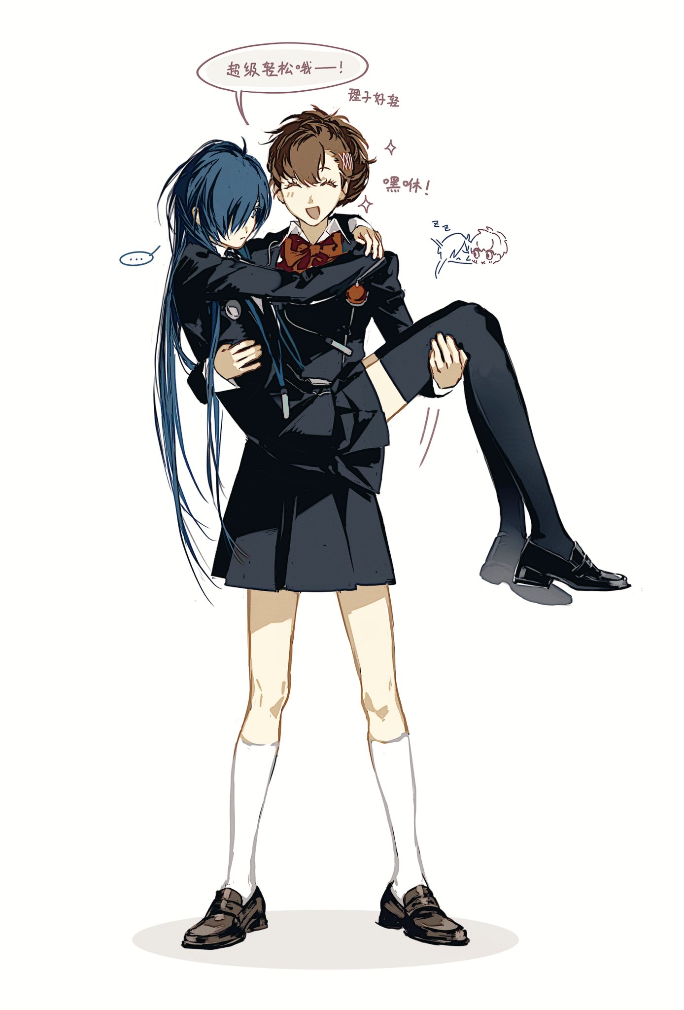 jing zhi kaoxiang yu re zhong, shiomi kotone, yuuki makoto (persona 3), persona, persona 3, persona 3 portable, commentary, highres, symbol-only commentary, black jacket, blue hair, bow, brown hair, closed mouth, collared shirt, digital walkman, earphones removed, gekkoukan high school uniform, genderswap, genderswap (mtf), jacket, long sleeves, mp3 player, neck ribbon, pin, ribbon, school uniform, shirt, shoes, short hair, skirt, smile, walkman nw-s203f, white shirt, yuri