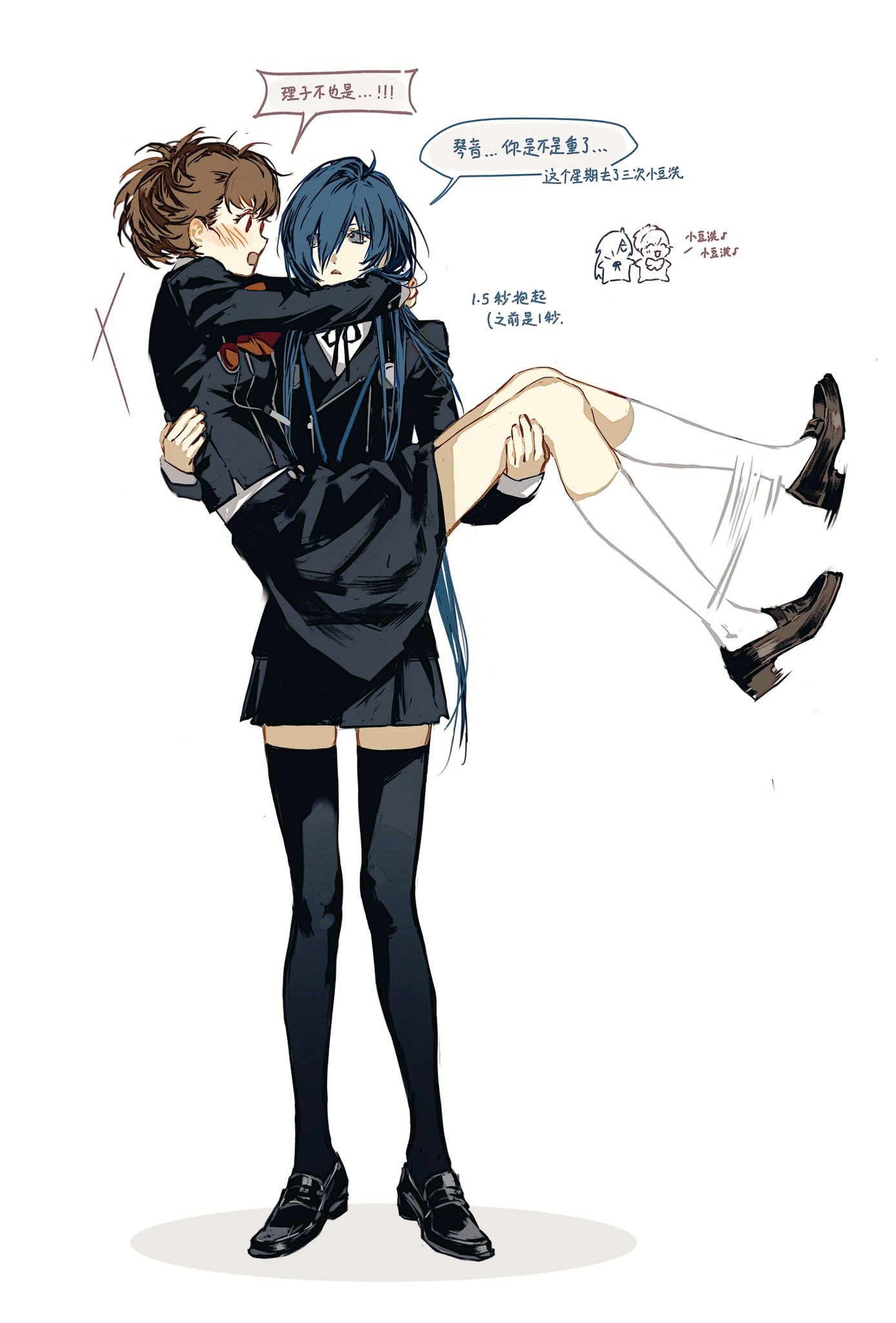 jing zhi kaoxiang yu re zhong, shiomi kotone, yuuki makoto (persona 3), persona, persona 3, persona 3 portable, commentary, highres, symbol-only commentary, black jacket, blue hair, bow, brown hair, closed mouth, collared shirt, digital walkman, earphones removed, gekkoukan high school uniform, genderswap, genderswap (mtf), jacket, long sleeves, mp3 player, neck ribbon, pin, ribbon, school uniform, shirt, shoes, short hair, skirt, smile, walkman nw-s203f, white shirt, yuri