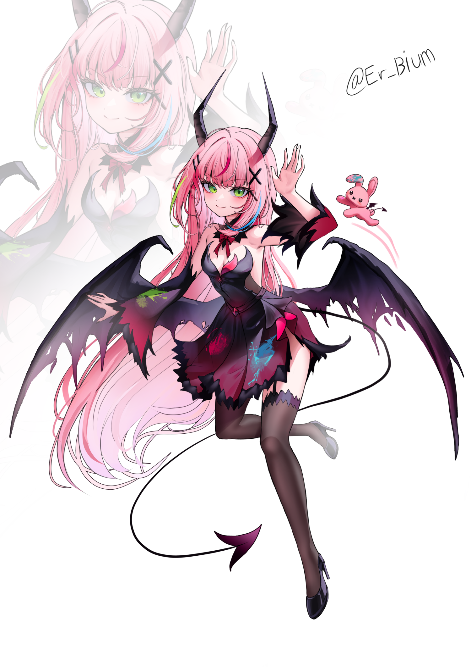 erbium, hanako nana, peto (hanako nana), stellive, highres, 1girl, bare shoulders, black dress, black nails, black shirt, black sleeves, black thighhighs, black wings, blue hair, bow, bowtie, breasts, cleavage, closed mouth, demon girl, demon horns, demon tail, demon wings, detached sleeves, dress, full body, garter straps, gradient clothes, gradient dress, gradient sleeves, green eyes, green hair, hair ornament, hairclip, horns, long hair, multicolored hair, parallel hairclips, pink hair, red bow, red bowtie, red dress, red sleeves, shirt, small breasts, streaked hair, tail, thighhighs, torn wings, twitter username, very long hair, virtual youtuber, white background, wide sleeves, wings, x hair ornament