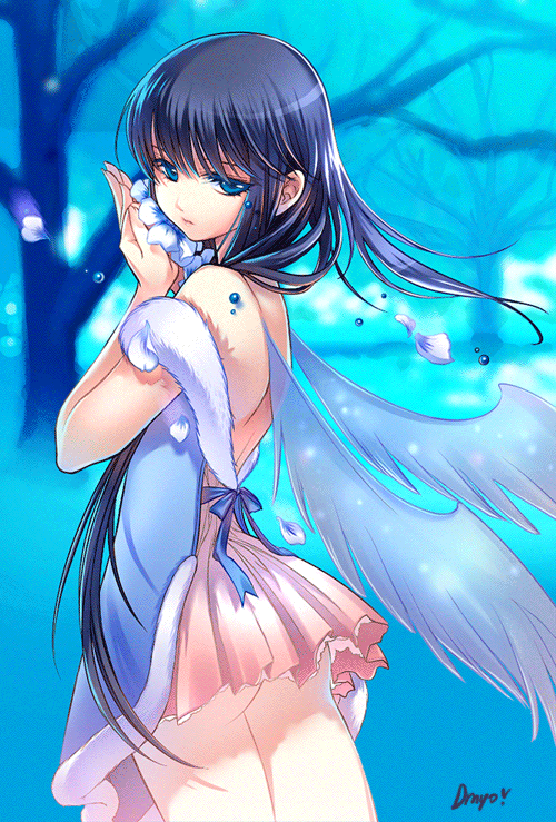 shirahane nao, turquoise (dmyotic), original, bad id, bad pixiv id, 1girl, backless dress, backless outfit, black hair, blue background, blue eyes, colored eyelashes, cowboy shot, dress, female focus, flower, from side, long hair, skirt, solo, very long hair, water drop, wings