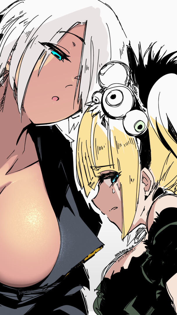 makokujira, angel (kof), sylvie paula paula, snk, the king of fighters, the king of fighters xv, commentary request, 2girls, bobbles, breasts, cleavage, crop top, cropped jacket, crown, eyeball, eyeball hair ornament, greyscale, hair over one eye, jacket, large breasts, leather, leather jacket, long hair, mini crown, monochrome, multiple girls, scared, short hair, underwear